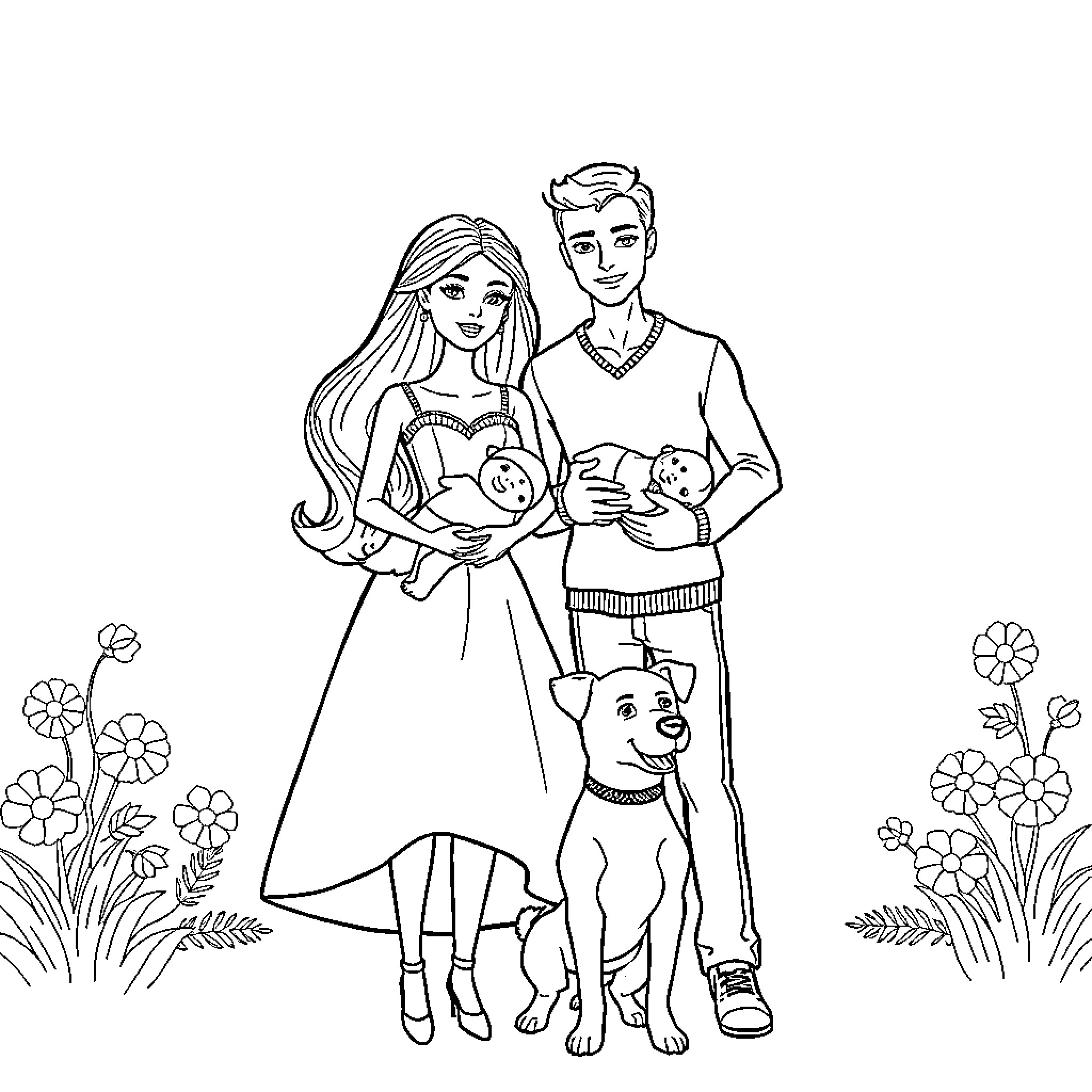 Barbie family portrait in nature setting Coloring Page (free black-and-white line drawing printable PDF for all, from beginners to advanced learners, including children, teens, adults, and seniors)
