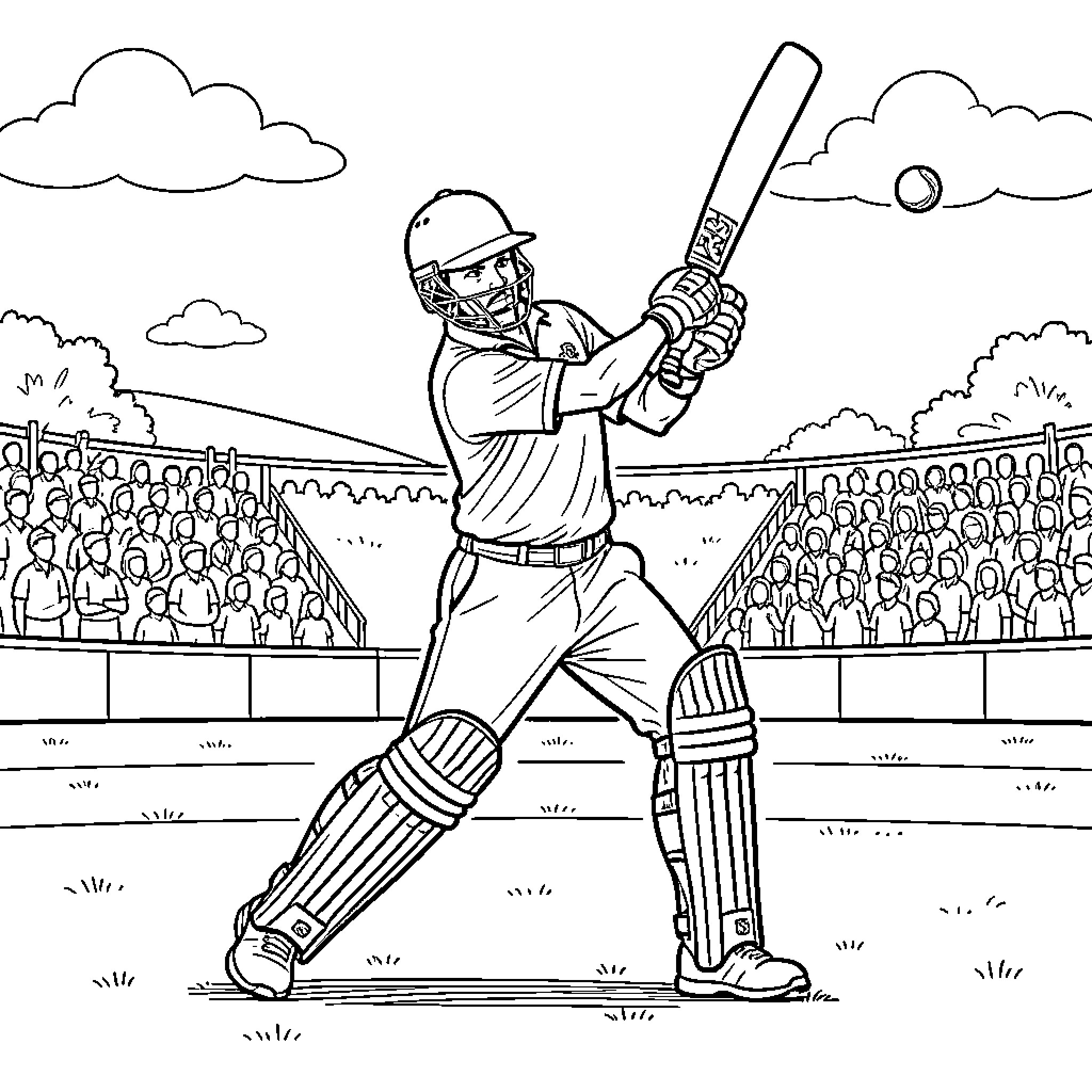 Sachin Tendulkar batting on the cricket field Coloring Page (free black-and-white line drawing printable PDF for all, from beginners to advanced learners, including children, teens, adults, and seniors)