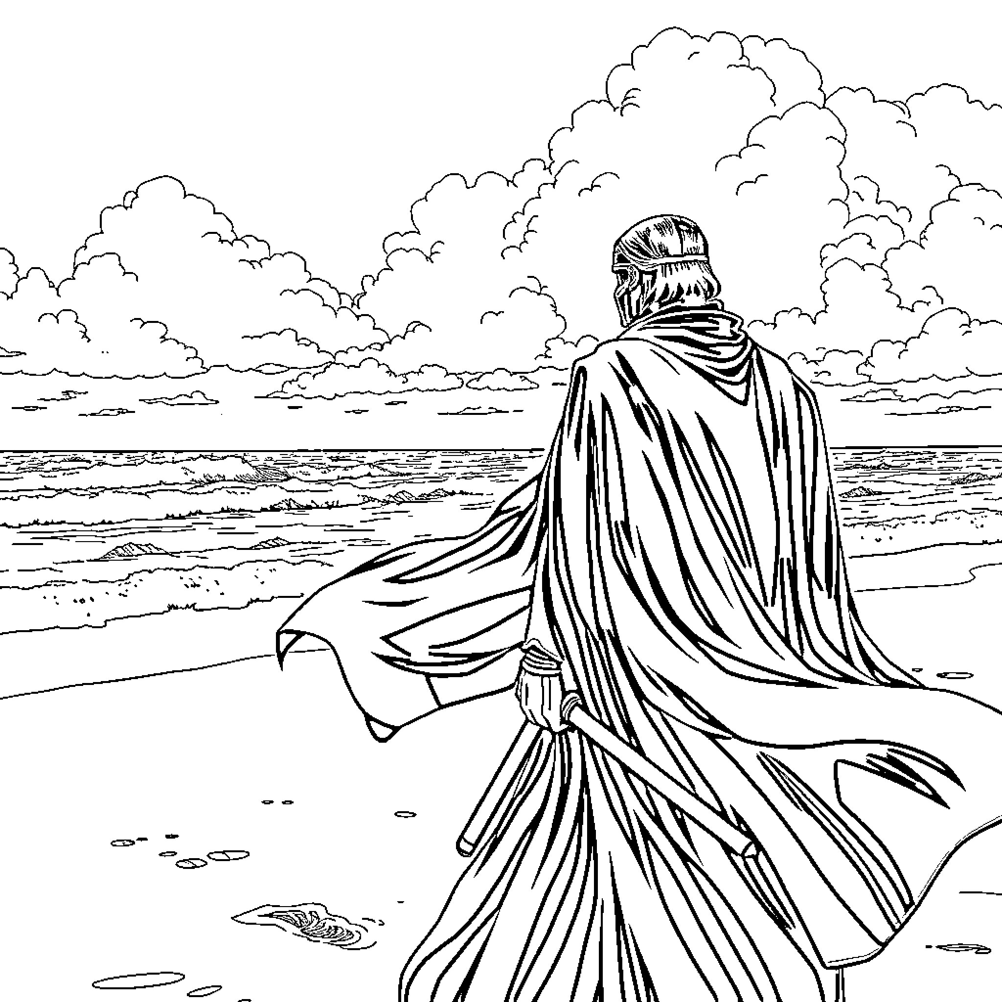 Kylo Ren gazing over the turbulent ocean Coloring Page (free black-and-white line drawing printable PDF for all, from beginners to advanced learners, including children, teens, adults, and seniors)