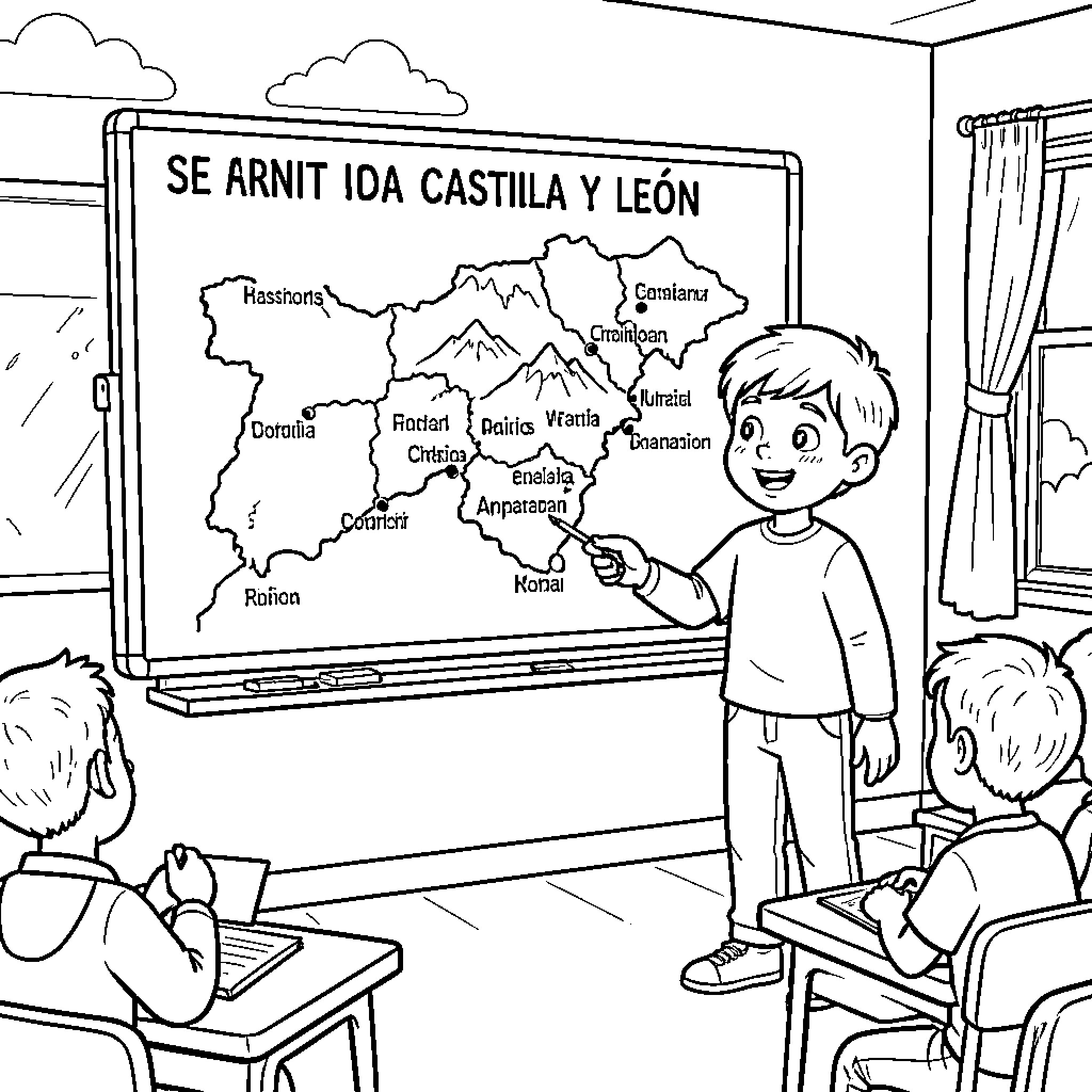 Niño explaining geography map of Castilla y León Coloring Page (free black-and-white line drawing printable PDF for all, from beginners to advanced learners, including children, teens, adults, and seniors)