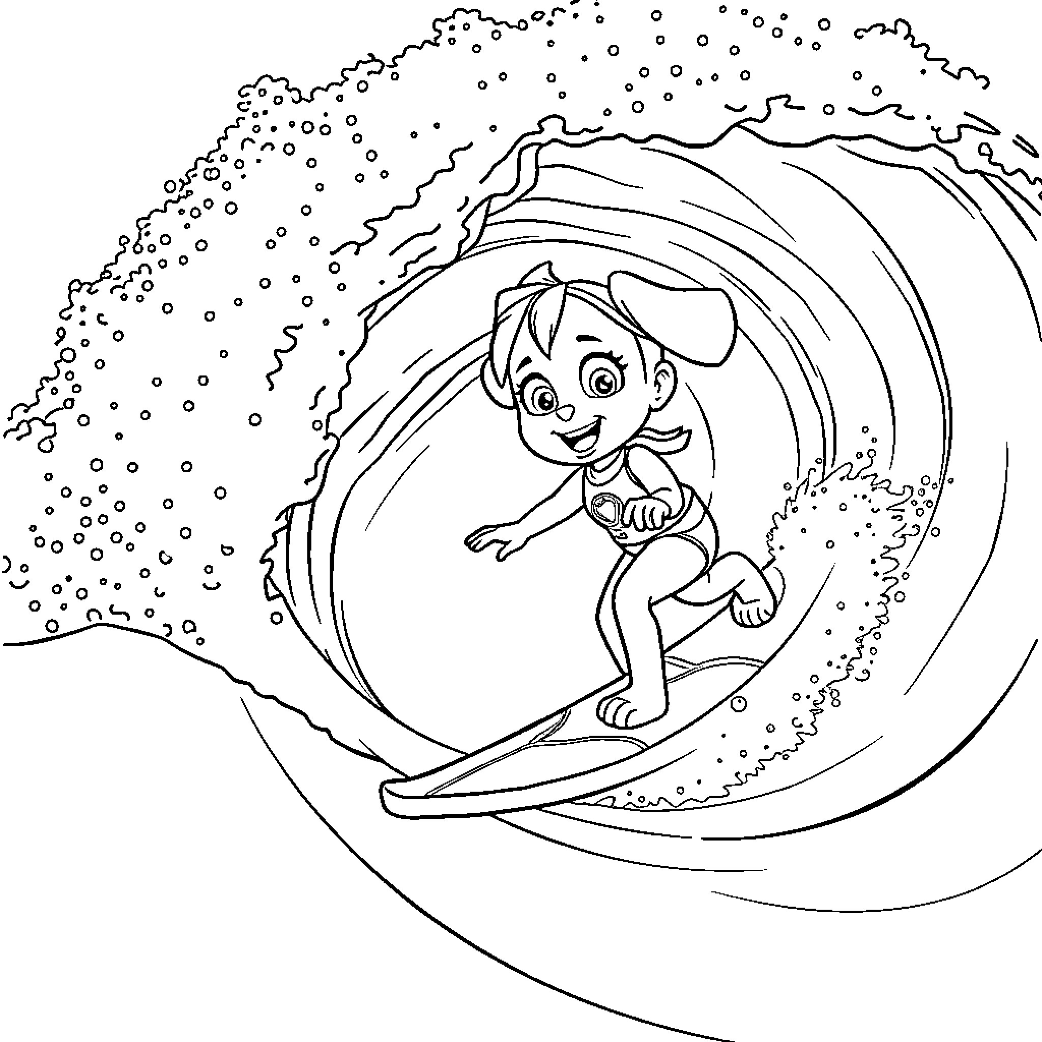 Suma surfing through the waves Coloring Page (free black-and-white line drawing printable PDF for all, from beginners to advanced learners, including children, teens, adults, and seniors)