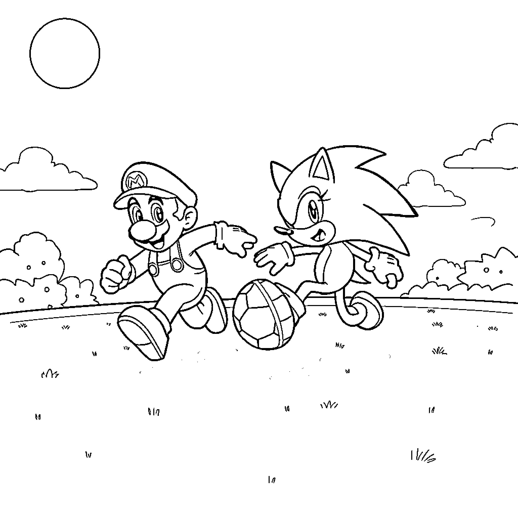 Mario and Sonic racing through the countryside Coloring Page (free black-and-white line drawing printable PDF for all, from beginners to advanced learners, including children, teens, adults, and seniors)