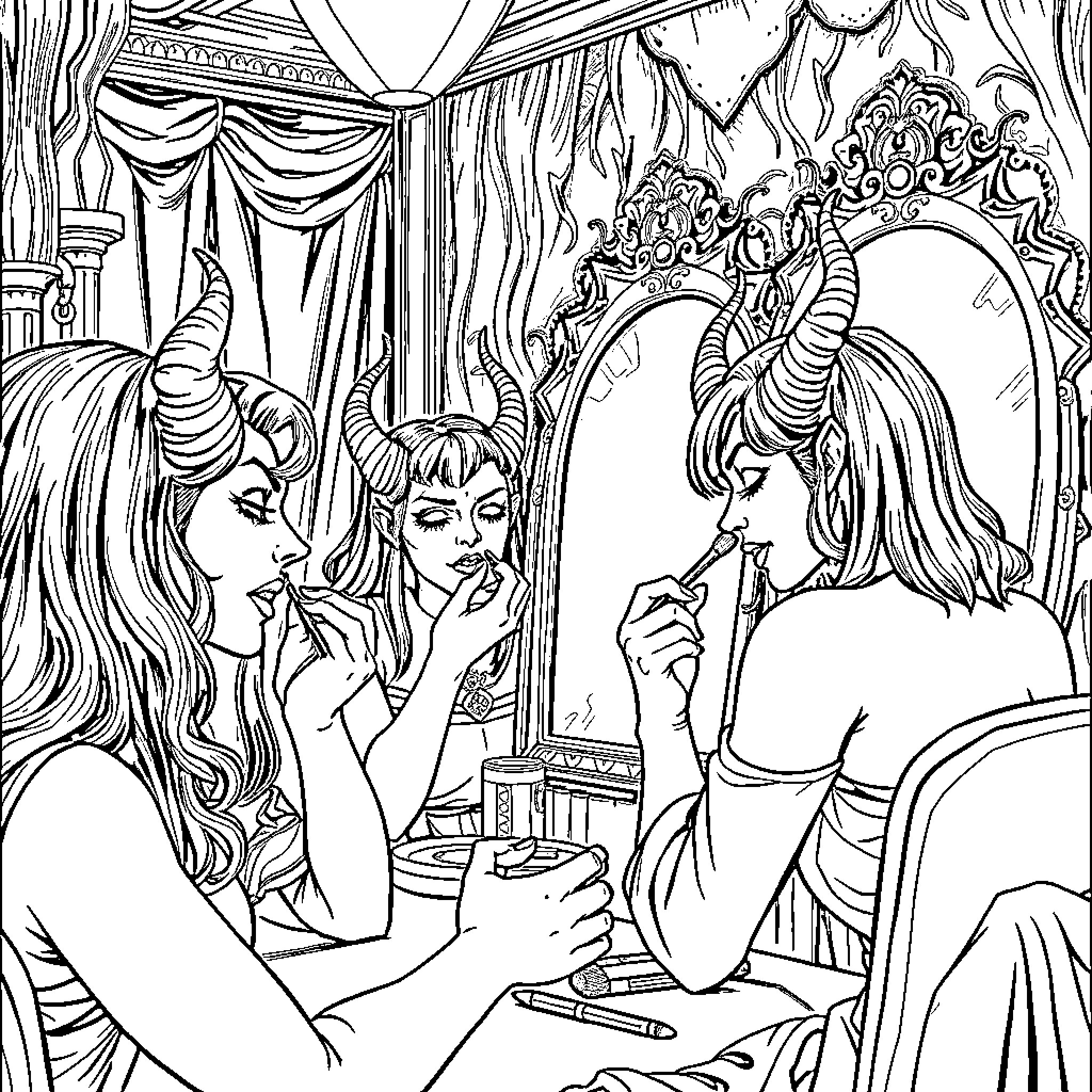 Demon Hunter Sisters Preparing for Battle Coloring Page (free black-and-white line drawing printable PDF for all, from beginners to advanced learners, including children, teens, adults, and seniors)