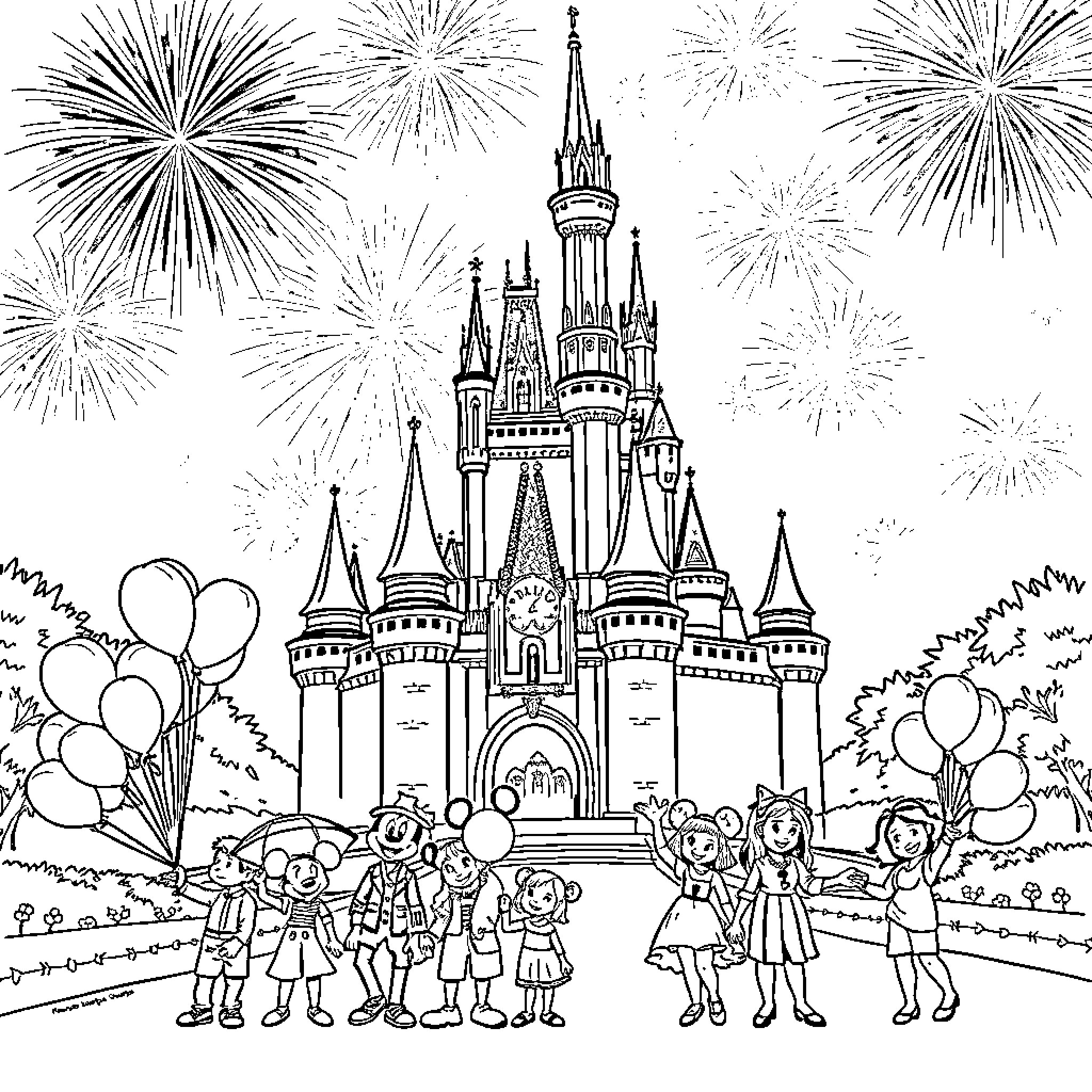 Castle Celebration with Fireworks and Festive Characters Coloring Page (free black-and-white line drawing printable PDF for all, from beginners to advanced learners, including children, teens, adults, and seniors)