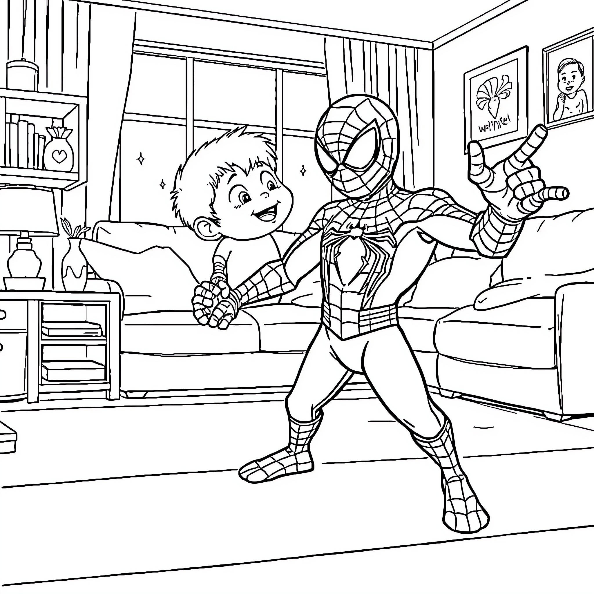 Spiderman playing with his young friend in the room Coloring Page (free black-and-white line drawing printable PDF for all, from beginners to advanced learners, including children, teens, adults, and seniors)