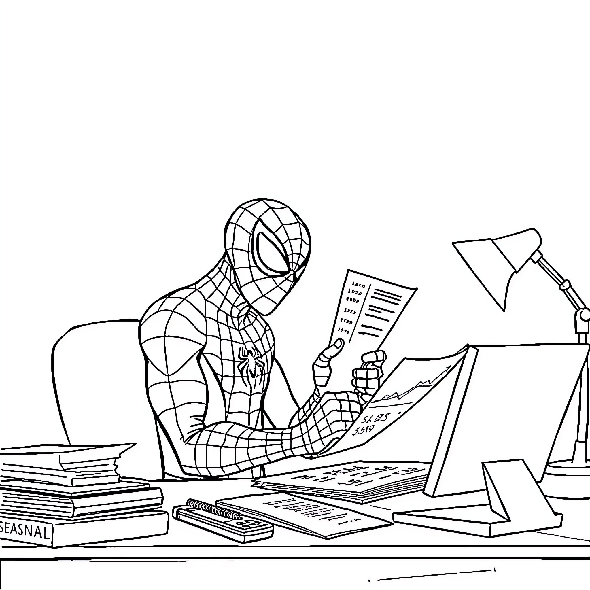 Spiderman studying diligently at his desk Coloring Page (free black-and-white line drawing printable PDF for all, from beginners to advanced learners, including children, teens, adults, and seniors)