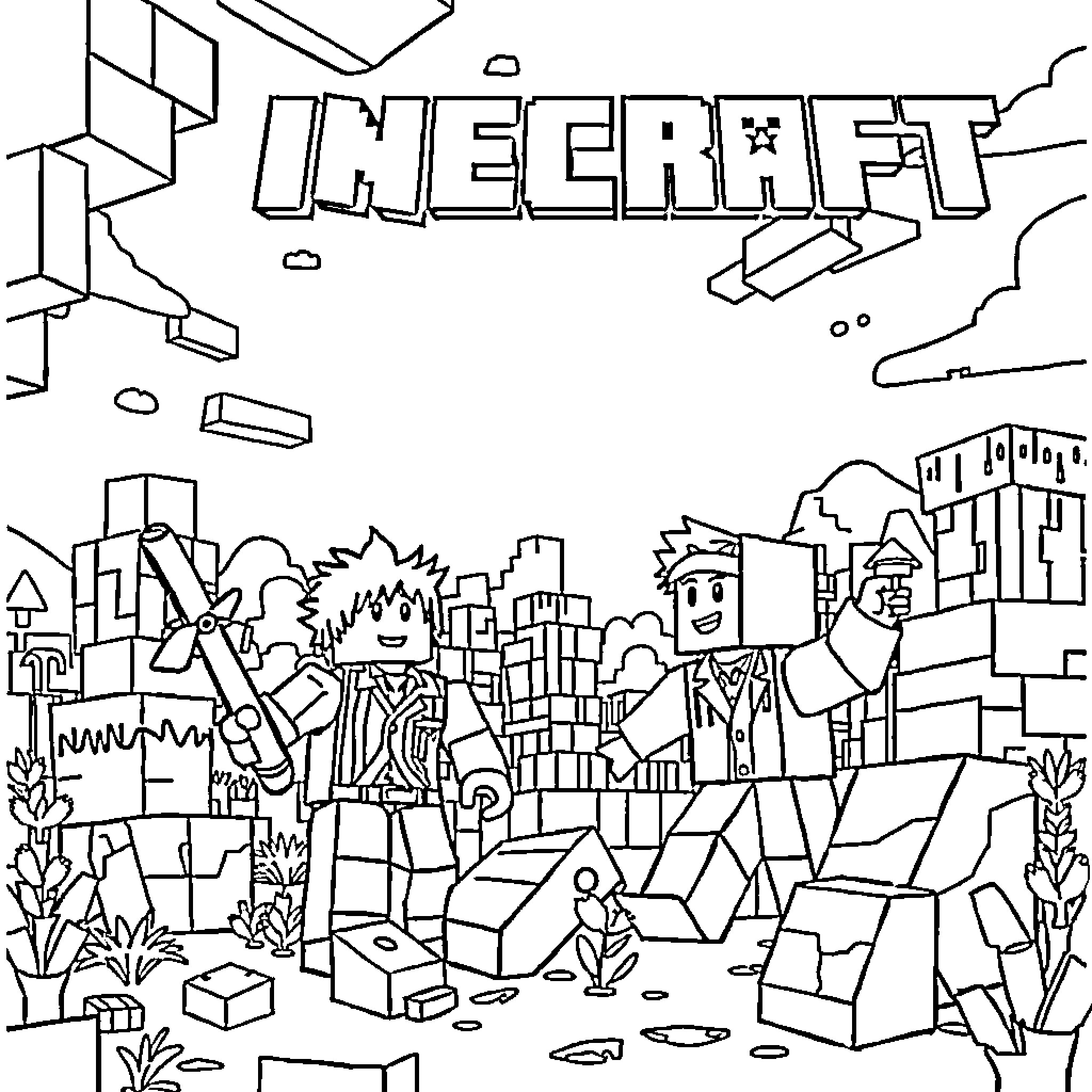 Roblox characters exploring the blocky world Coloring Page (free black-and-white line drawing printable PDF for all, from beginners to advanced learners, including children, teens, adults, and seniors)