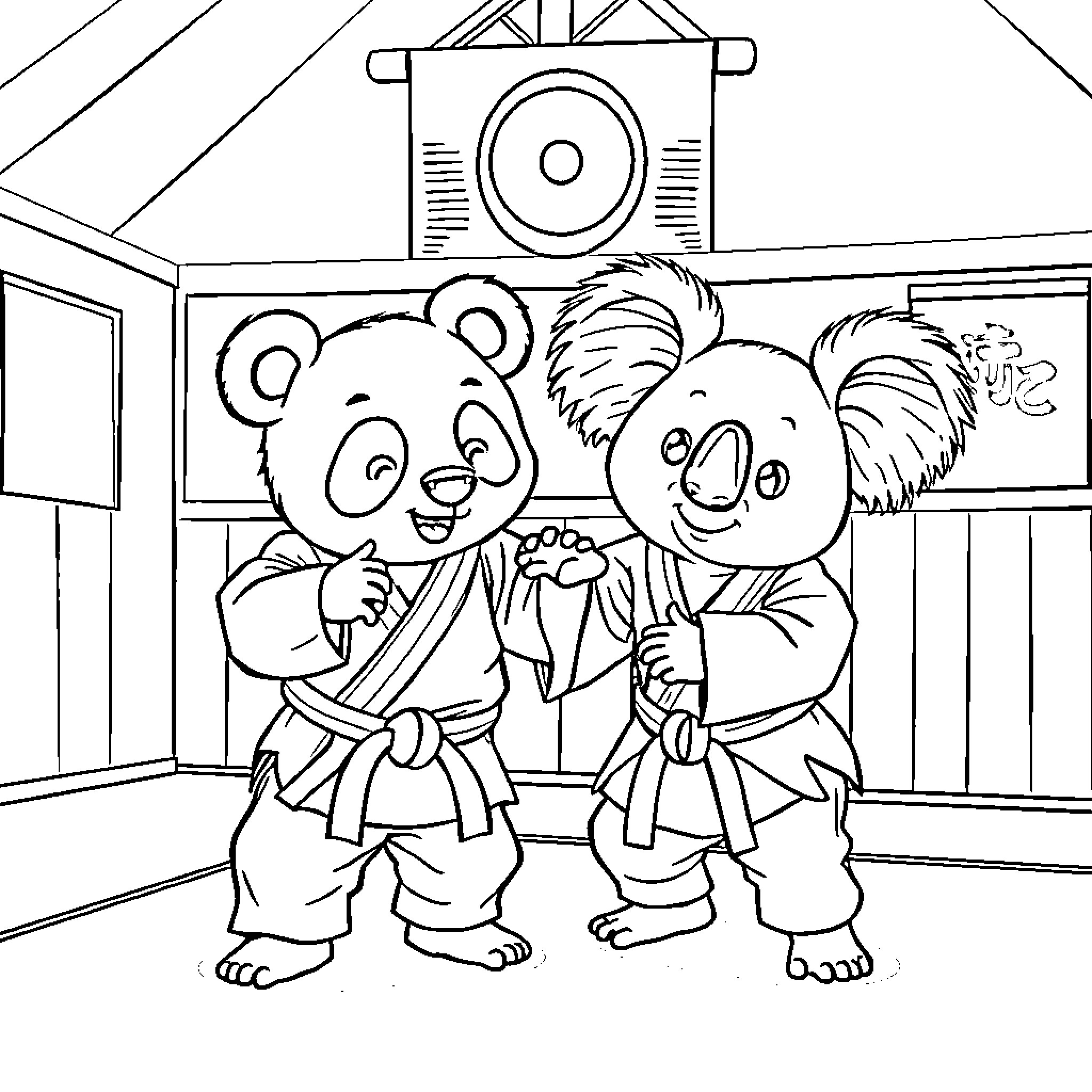 Panda friends practicing martial arts in dojo Coloring Page (free black-and-white line drawing printable PDF for all, from beginners to advanced learners, including children, teens, adults, and seniors)