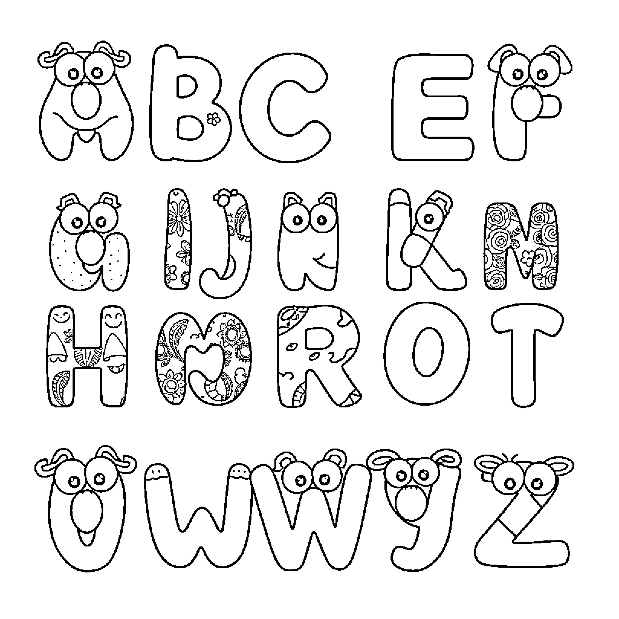 Letter Shapes with Silly Expressions Coloring Page (free black-and-white line drawing printable PDF for all, from beginners to advanced learners, including children, teens, adults, and seniors)