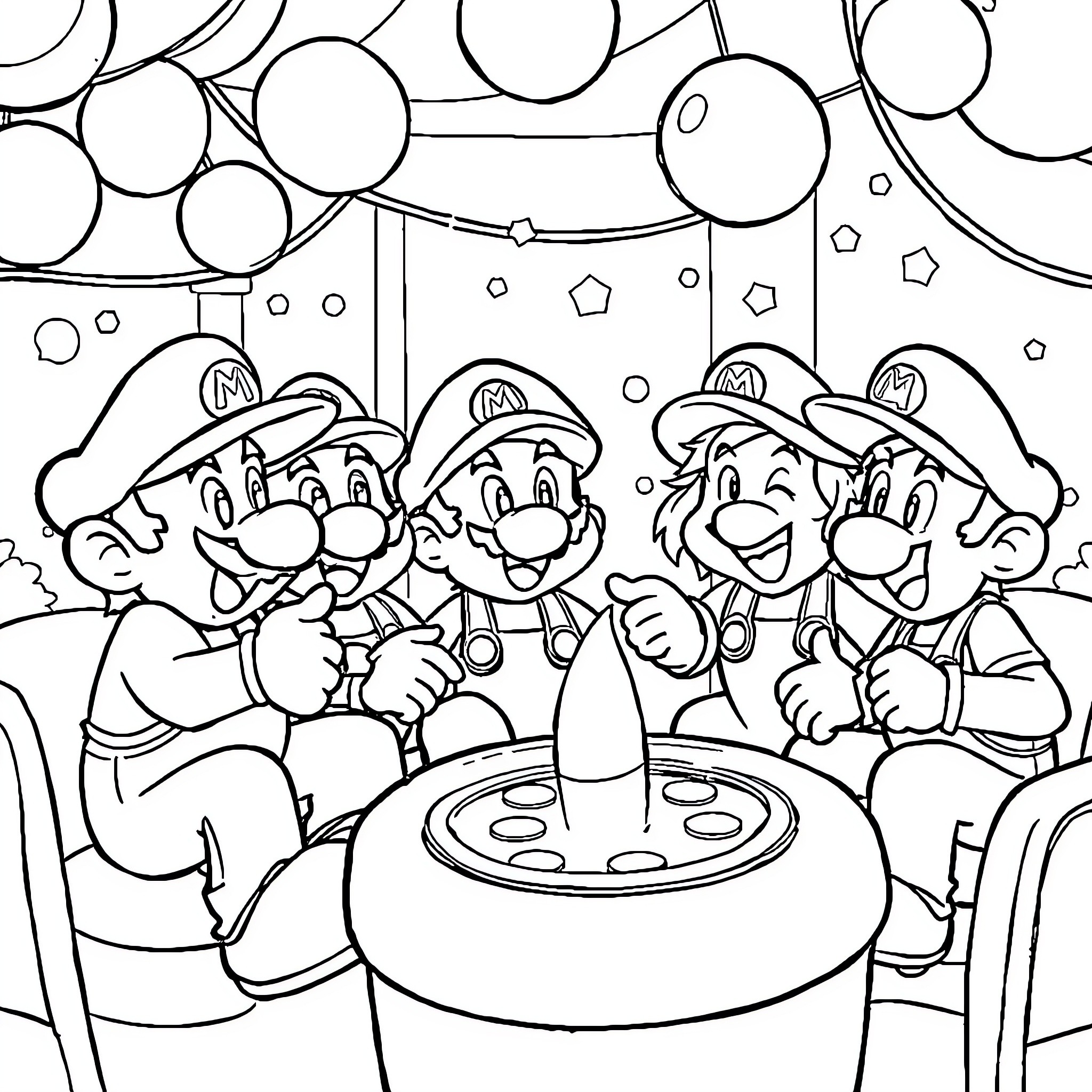 Mario and Friends Celebrating Together Coloring Page (free black-and-white line drawing printable PDF for all, from beginners to advanced learners, including children, teens, adults, and seniors)