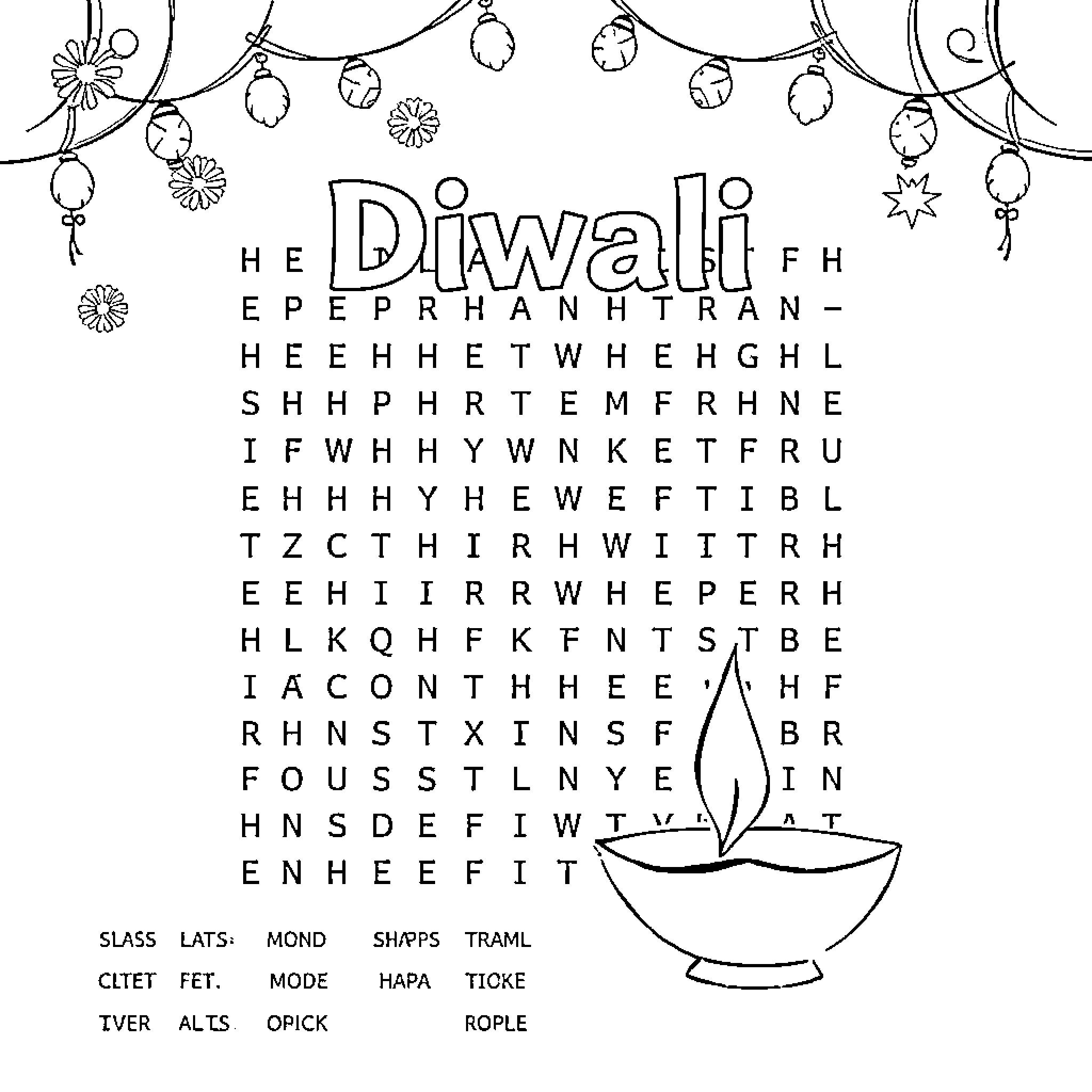 Diwali celebrations with festive decorations Coloring Page (free black-and-white line drawing printable PDF for all, from beginners to advanced learners, including children, teens, adults, and seniors)