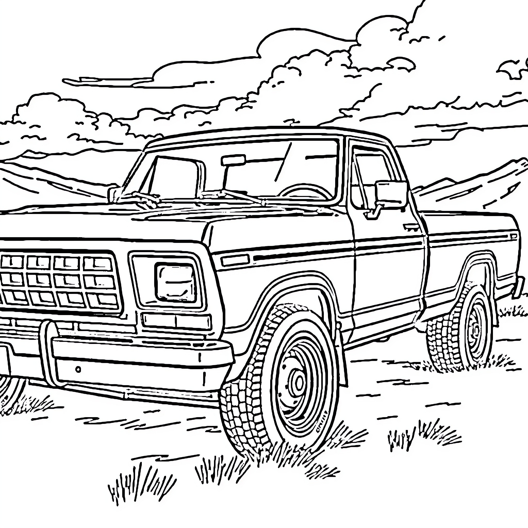Ford F250 pickup truck in outdoor rural setting Coloring Page (free black-and-white line drawing printable PDF for all, from beginners to advanced learners, including children, teens, adults, and seniors)
