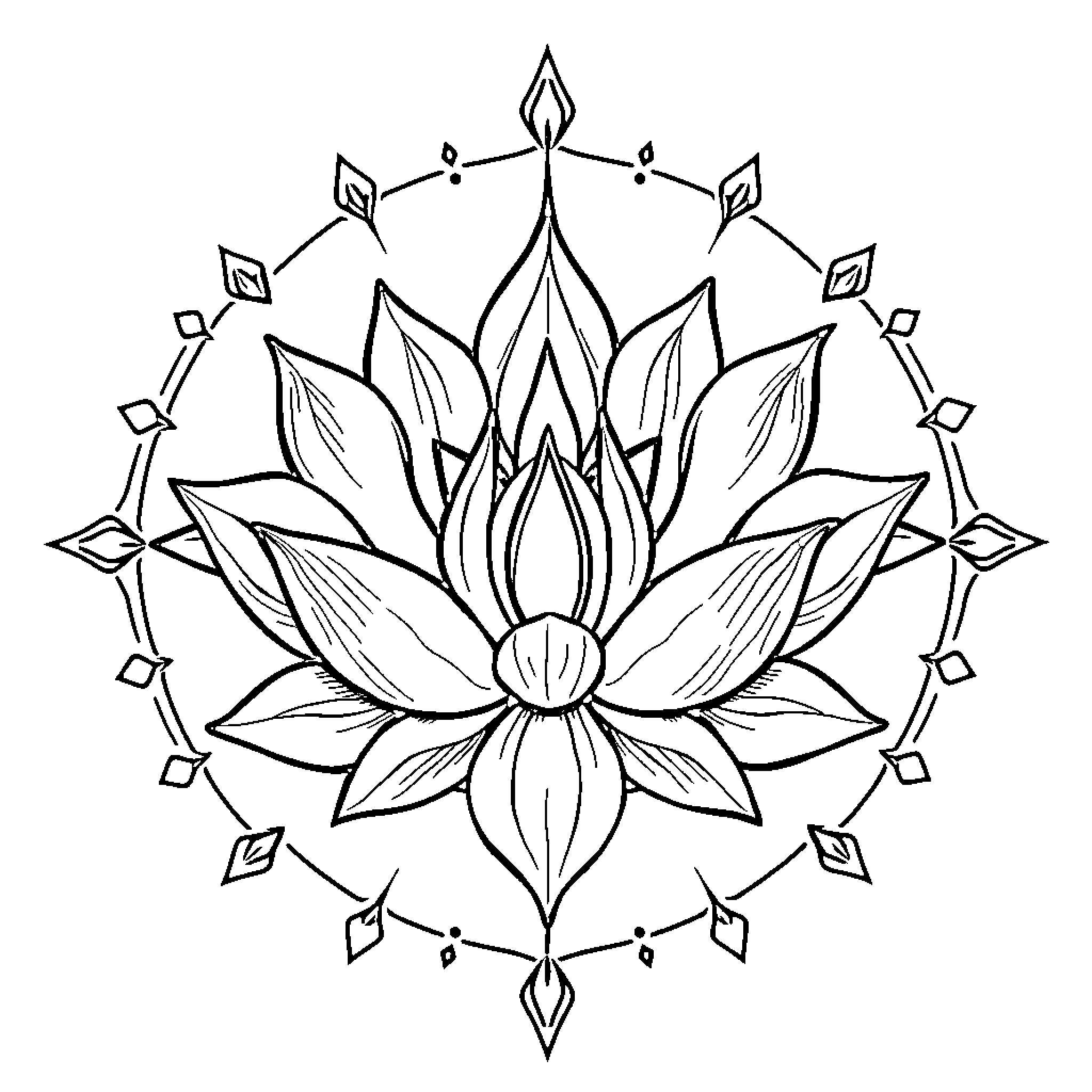 Lotus flower in abstract mandala design Coloring Page (free black-and-white line drawing printable PDF for all, from beginners to advanced learners, including children, teens, adults, and seniors)