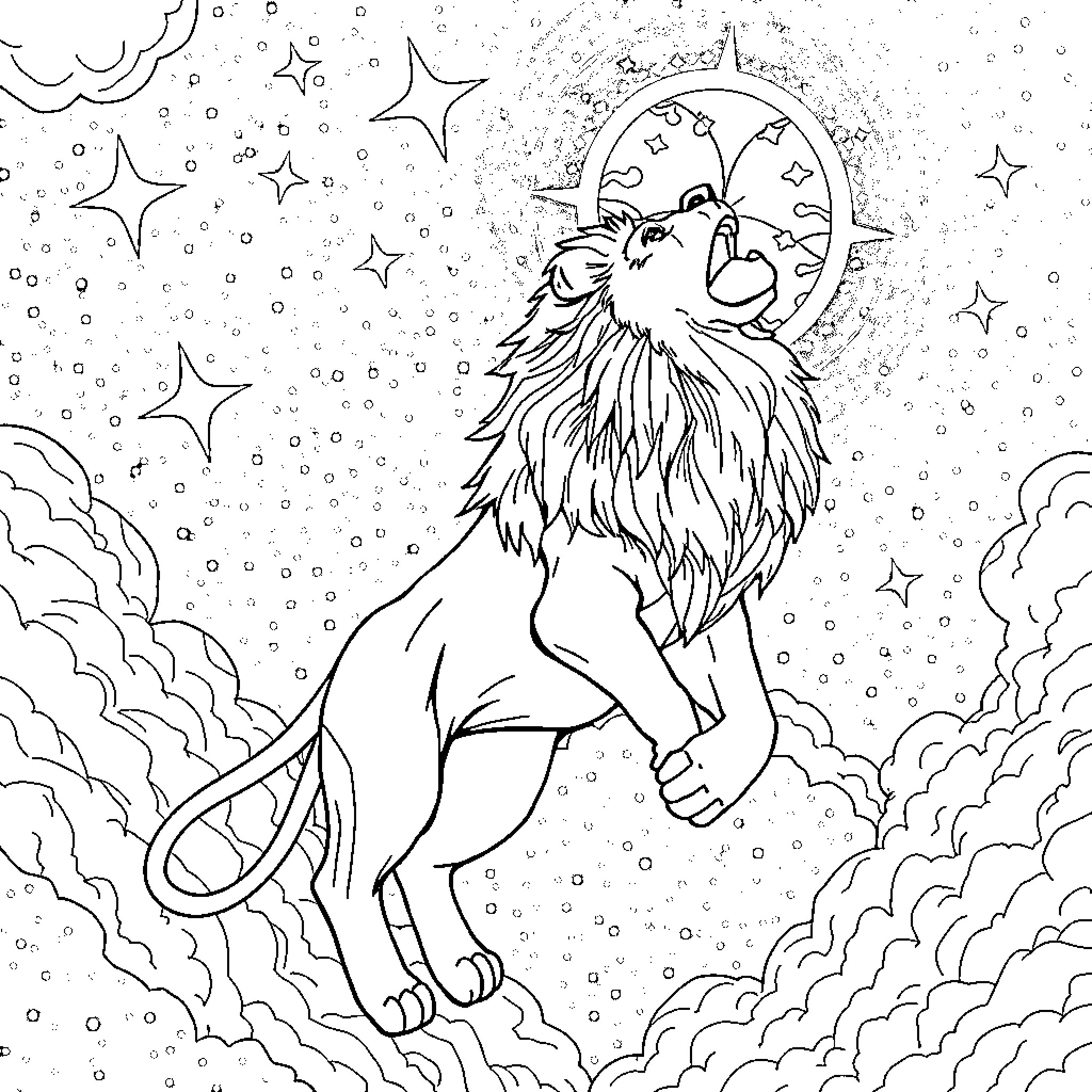 Lion Roaring Under the Starry Night Sky Coloring Page (free black-and-white line drawing printable PDF for all, from beginners to advanced learners, including children, teens, adults, and seniors)