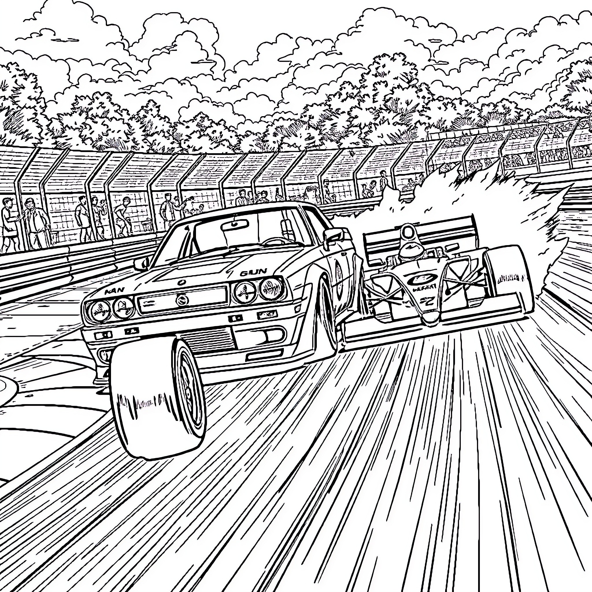 Nissan Skyline race cars speeding on the track Coloring Page (free black-and-white line drawing printable PDF for all, from beginners to advanced learners, including children, teens, adults, and seniors)