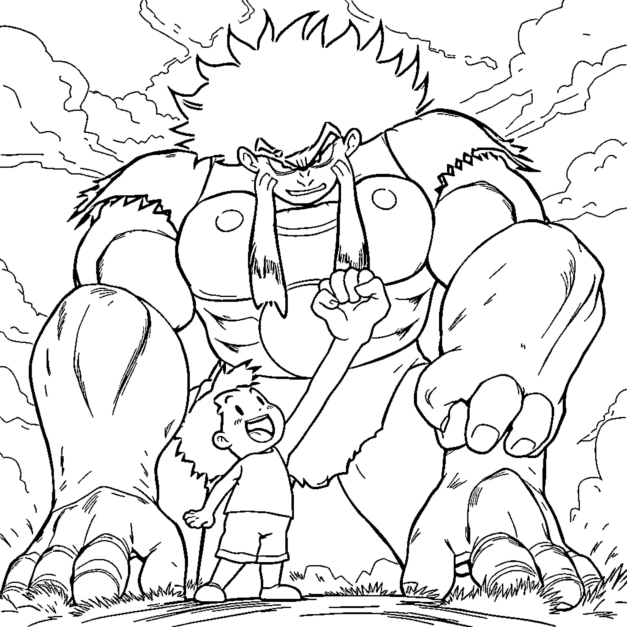 Giant Monster Threatening Terrified Child in Storm Coloring Page (free black-and-white line drawing printable PDF for all, from beginners to advanced learners, including children, teens, adults, and seniors)