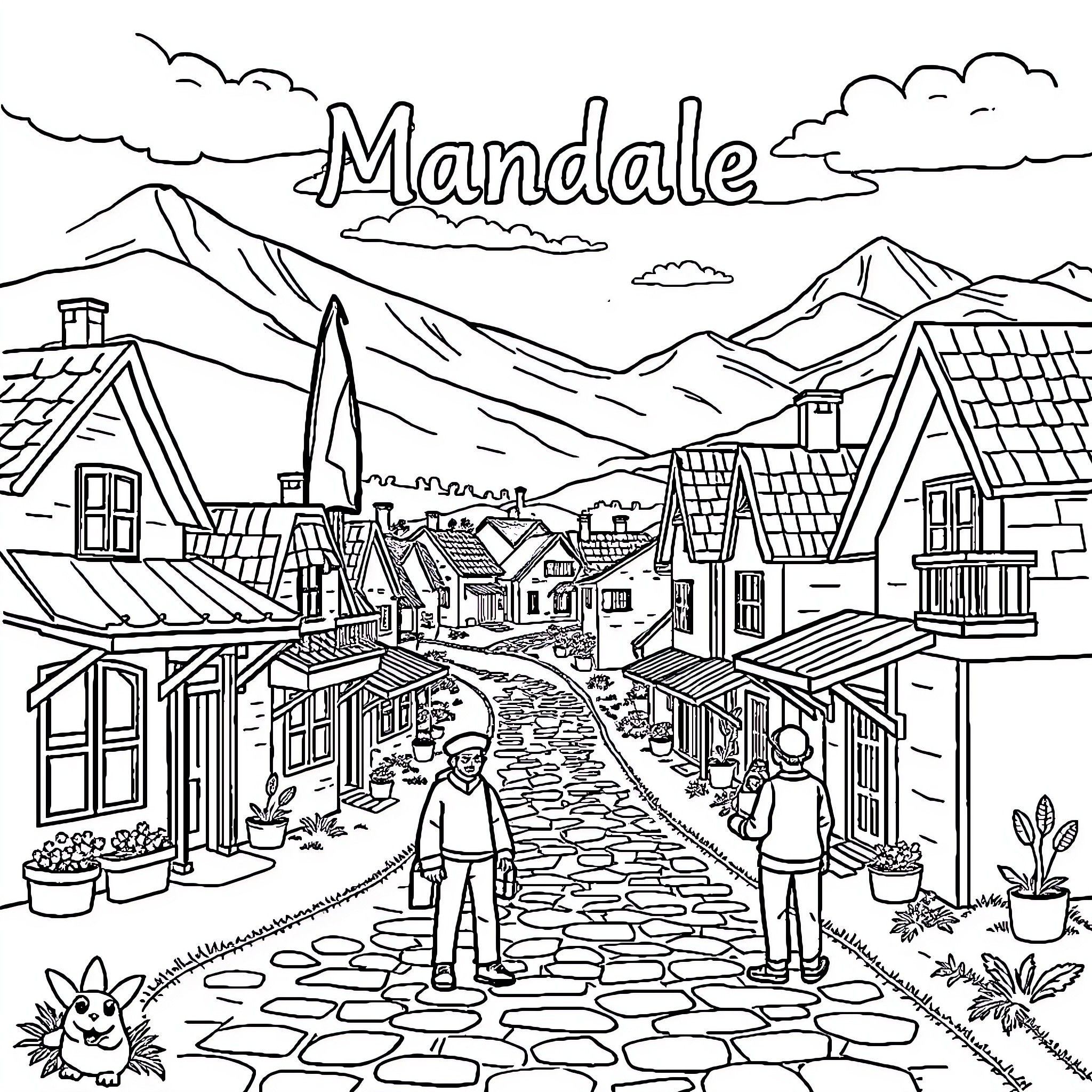 Mandala scenic village with pedestrians Coloring Page (free black-and-white line drawing printable PDF for all, from beginners to advanced learners, including children, teens, adults, and seniors)