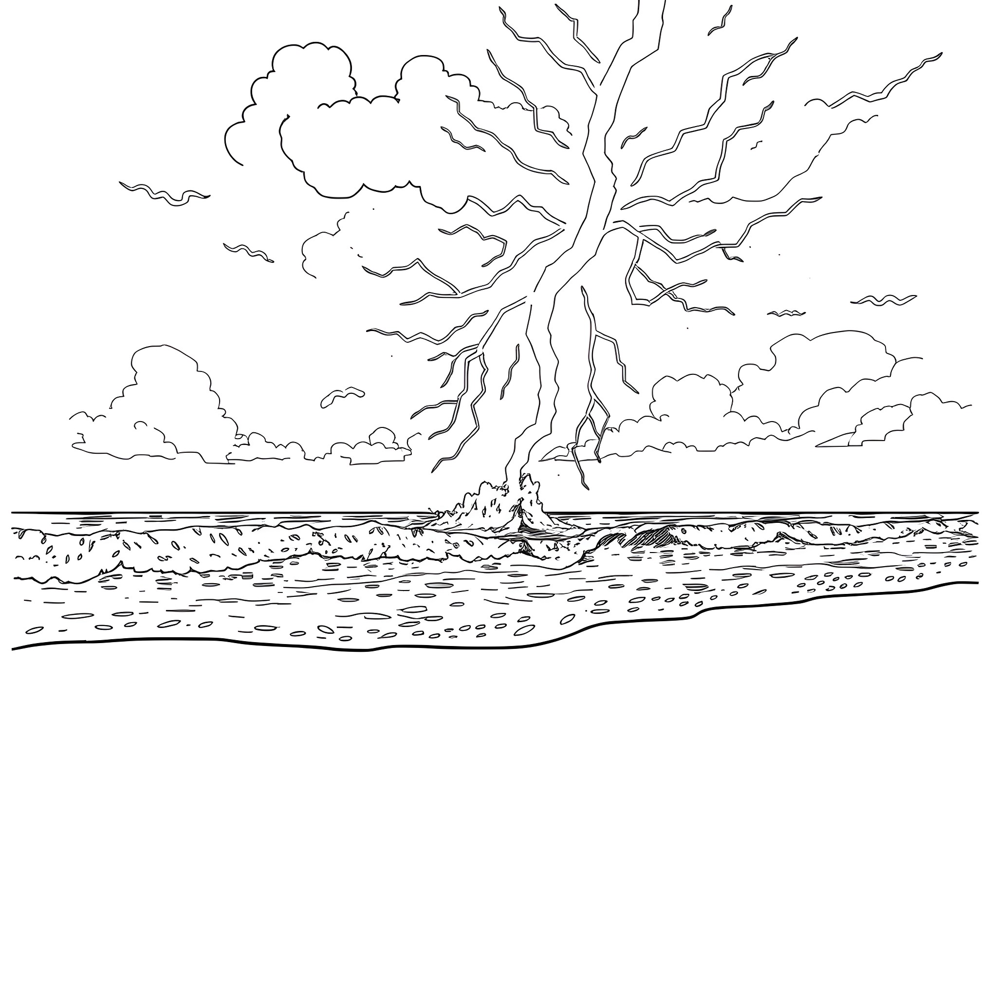 Lightning strikes over the tumultuous ocean Coloring Page (free black-and-white line drawing printable PDF for all, from beginners to advanced learners, including children, teens, adults, and seniors)