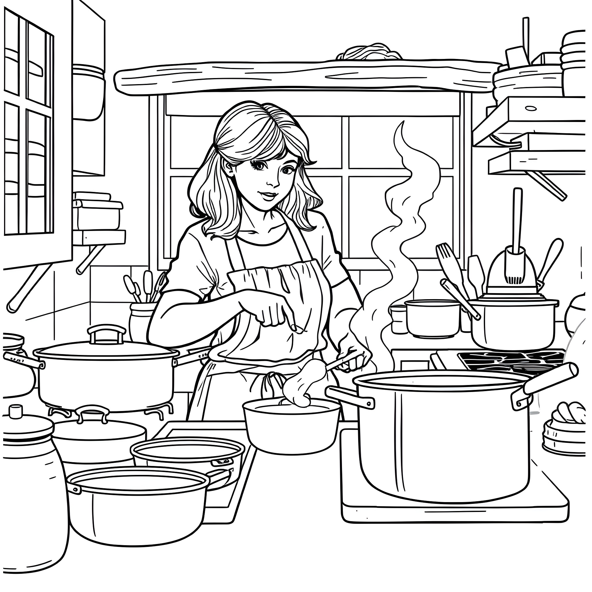 Annie Leonhart cooking in the kitchen Coloring Page (free black-and-white line drawing printable PDF for all, from beginners to advanced learners, including children, teens, adults, and seniors)