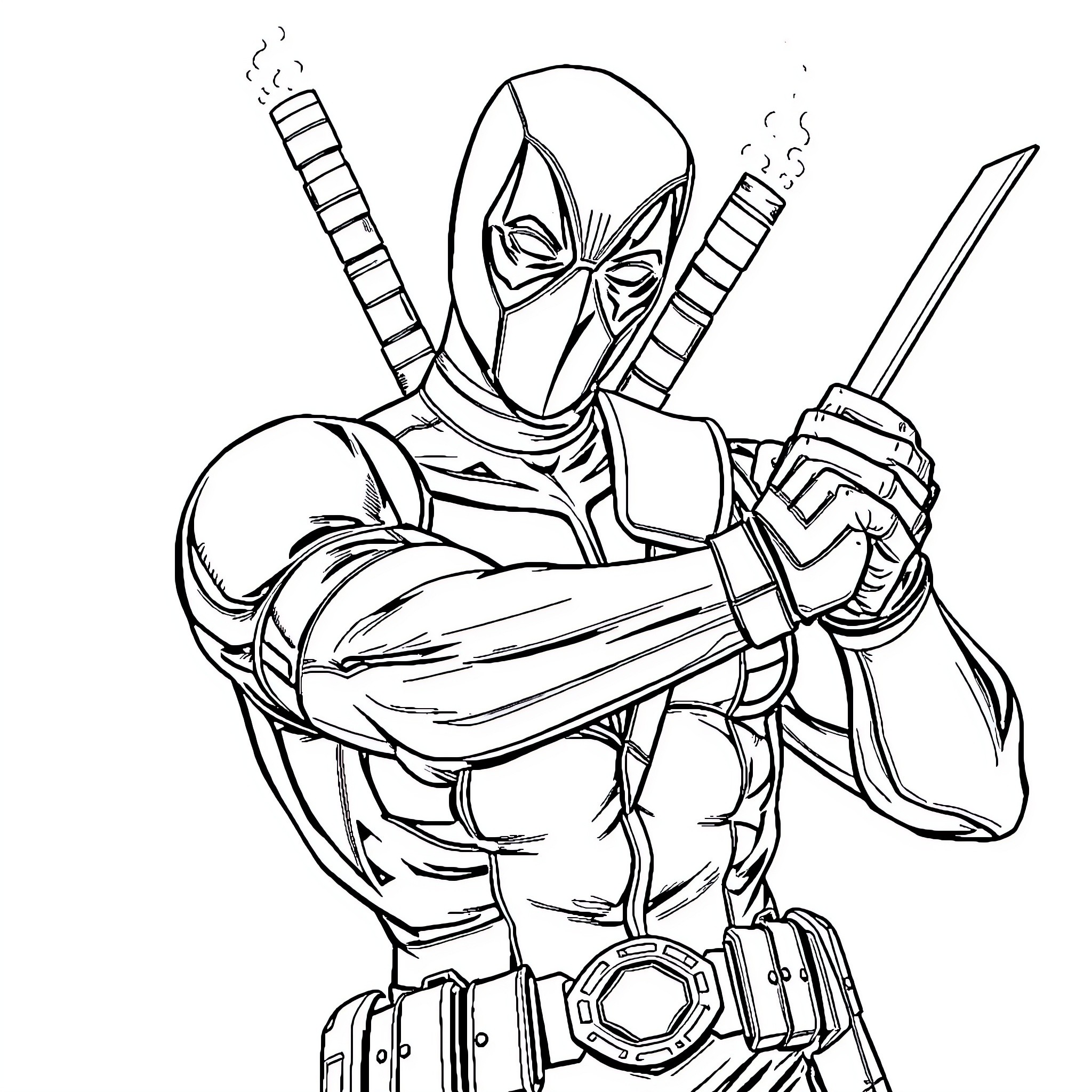 Deadpool in action-packed pose with weapons Coloring Page (free black-and-white line drawing printable PDF for all, from beginners to advanced learners, including children, teens, adults, and seniors)