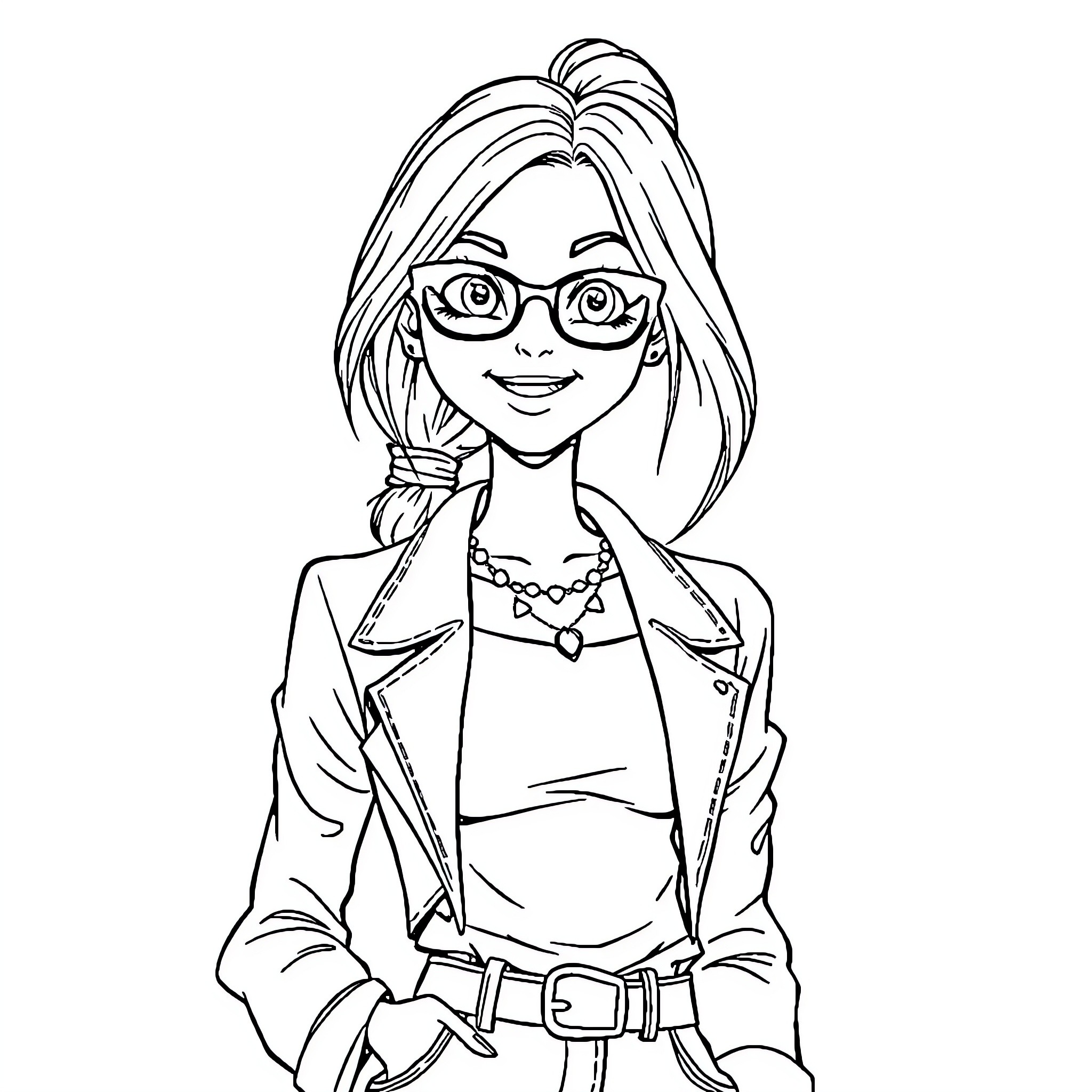 Girl in stylish outfit and glasses smiling confidently Coloring Page (free black-and-white line drawing printable PDF for all, from beginners to advanced learners, including children, teens, adults, and seniors)