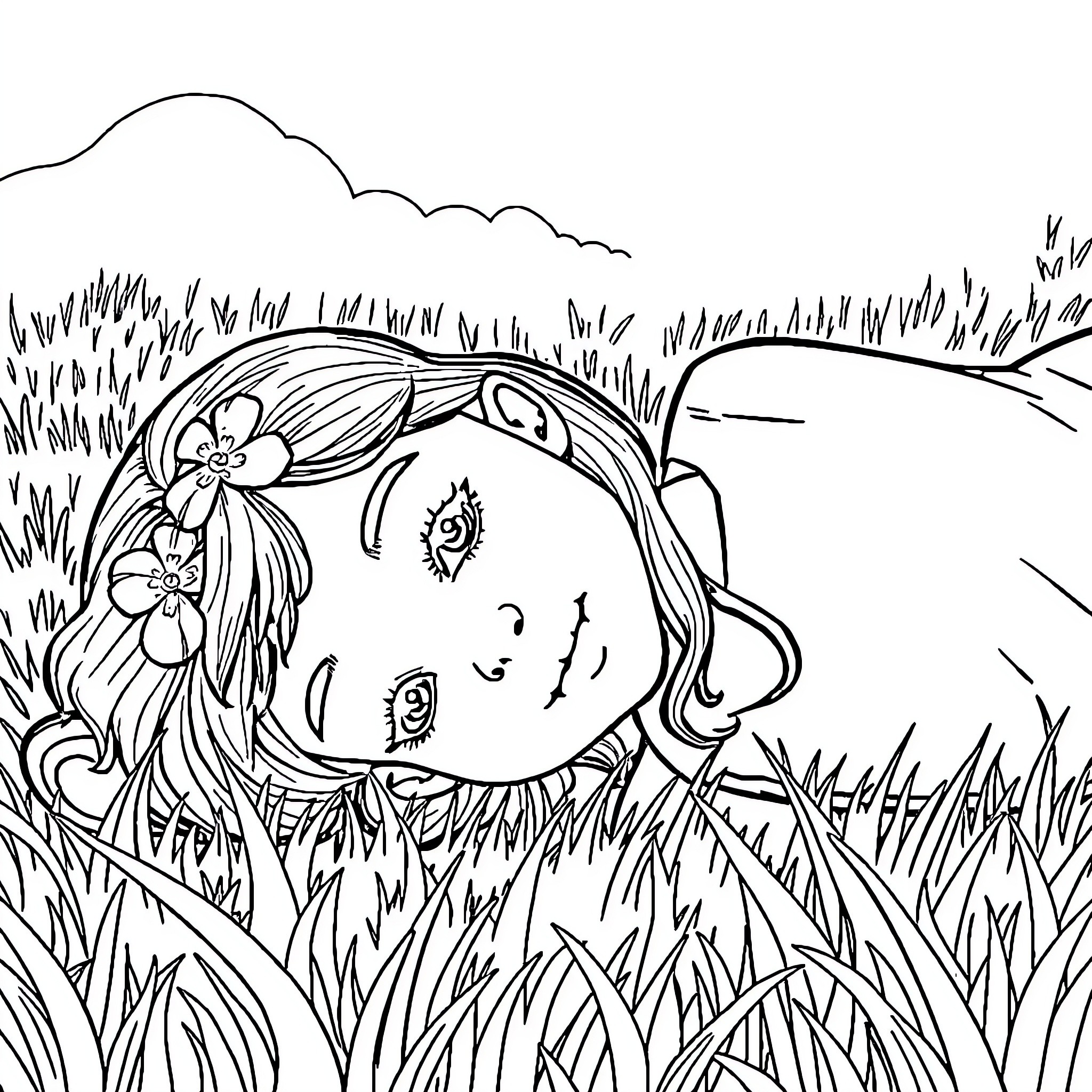 Girl dreaming in the grassy field Coloring Page (free black-and-white line drawing printable PDF for all, from beginners to advanced learners, including children, teens, adults, and seniors)