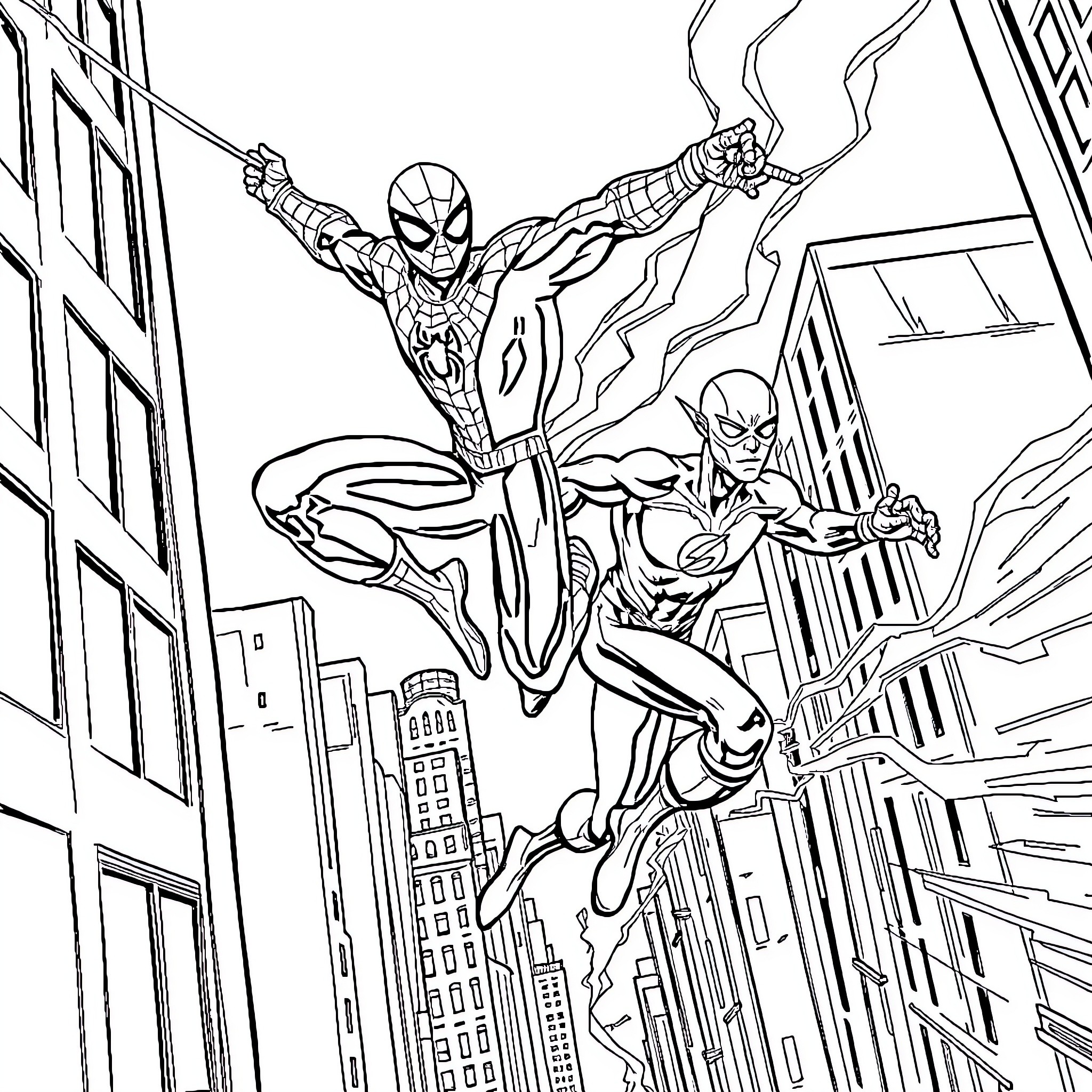 Spiderman and Iron Man heroically soaring through the city Coloring Page (free black-and-white line drawing printable PDF for all, from beginners to advanced learners, including children, teens, adults, and seniors)
