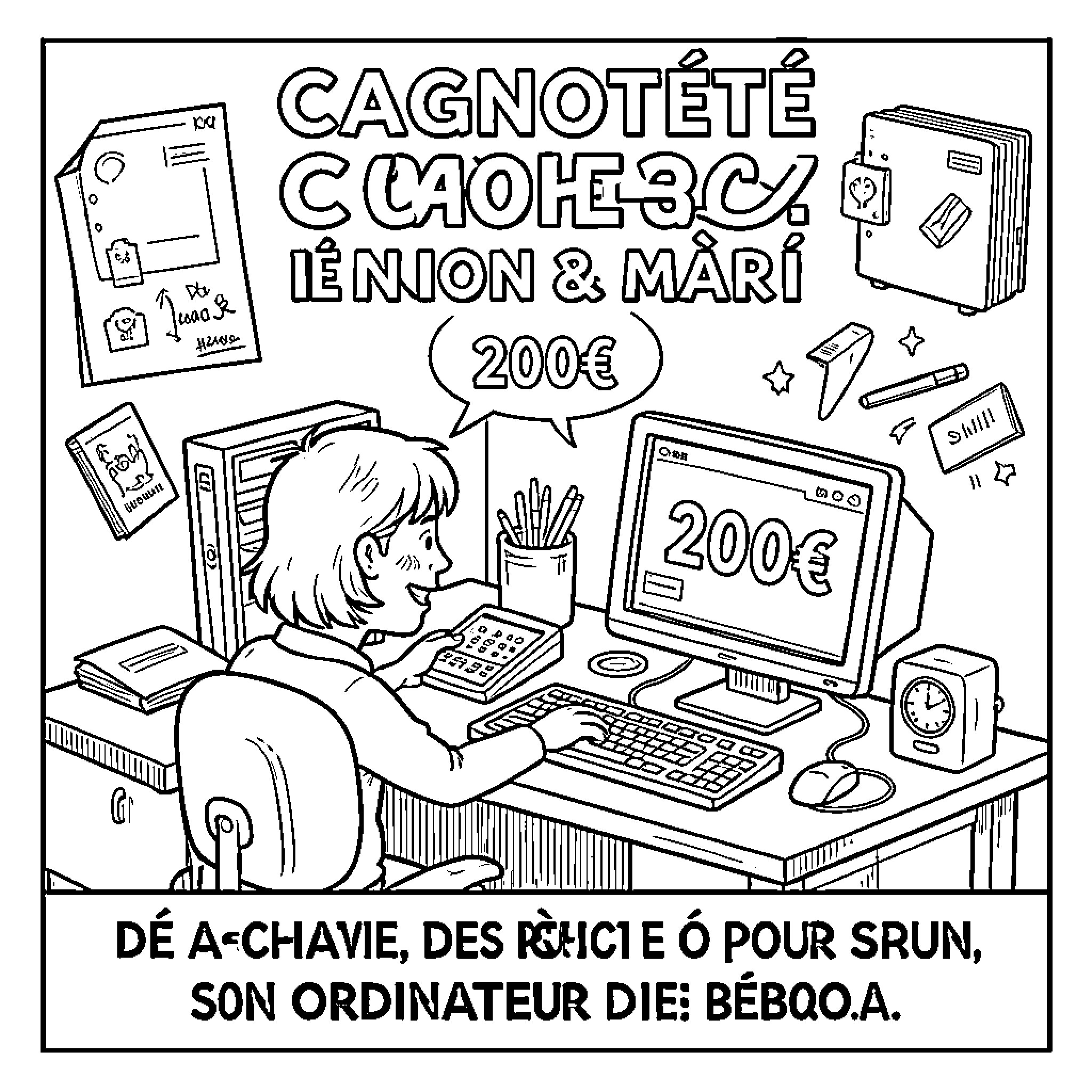 Cagnotte collection scene of a person using a computer Coloring Page (free black-and-white line drawing printable PDF for all, from beginners to advanced learners, including children, teens, adults, and seniors)