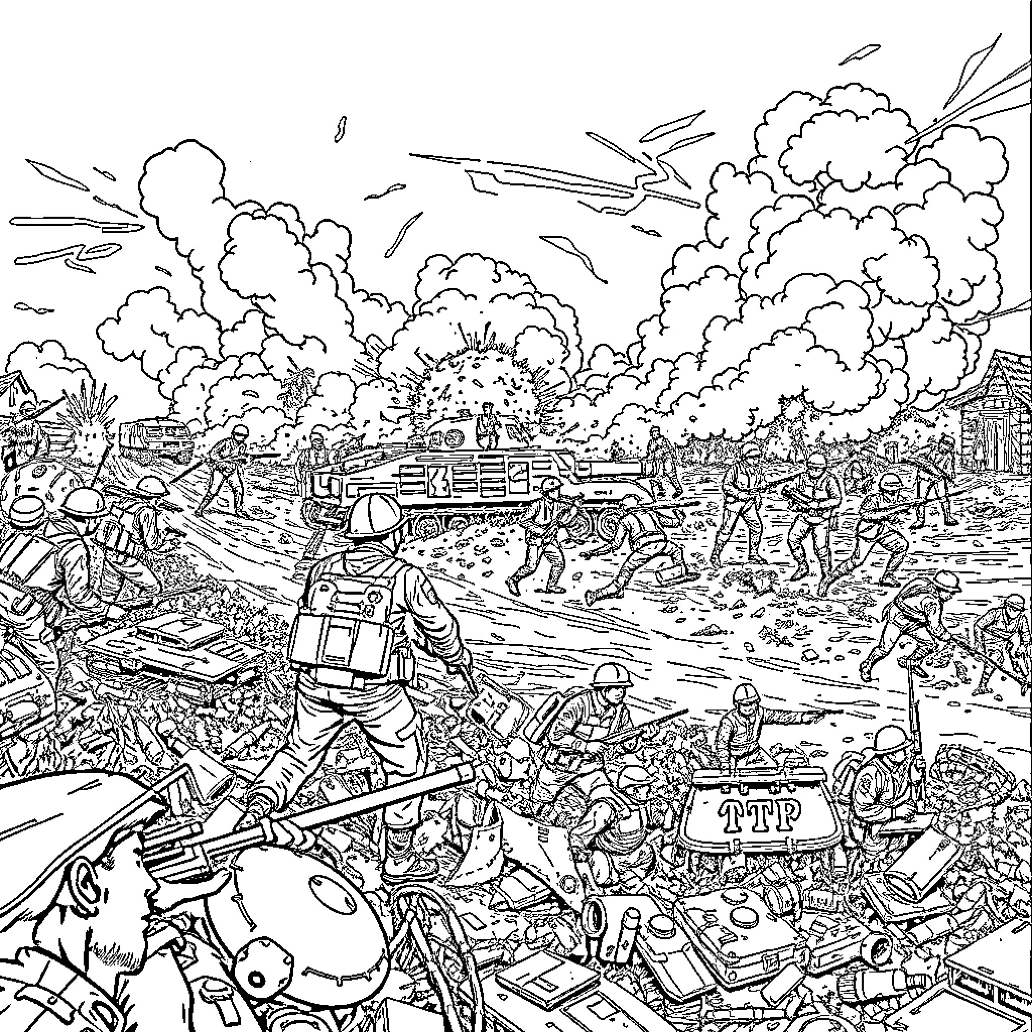 Battlefield of intense military conflict and chaos Coloring Page (free black-and-white line drawing printable PDF for all, from beginners to advanced learners, including children, teens, adults, and seniors)