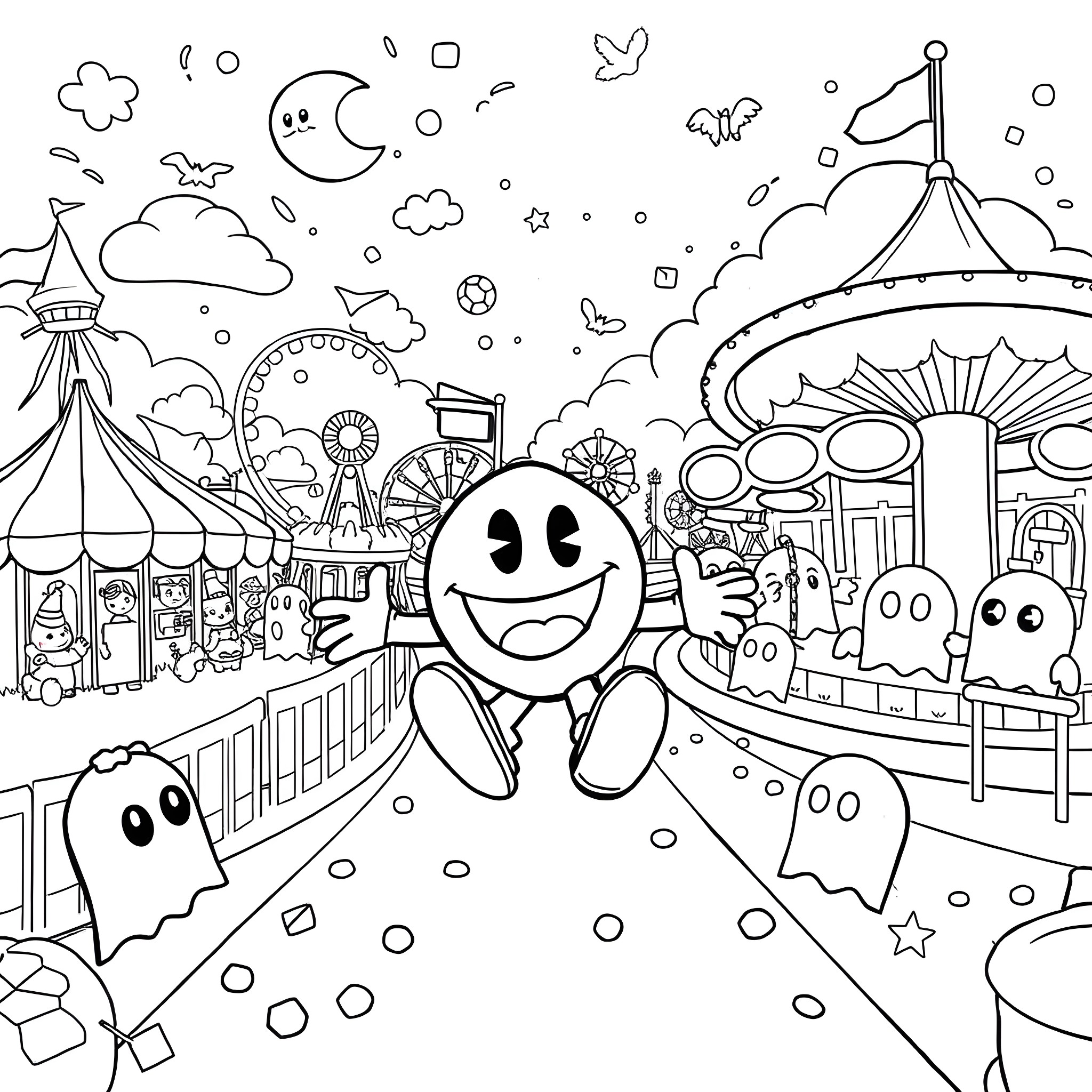 Pac-Man exploring a whimsical amusement park Coloring Page (free black-and-white line drawing printable PDF for all, from beginners to advanced learners, including children, teens, adults, and seniors)