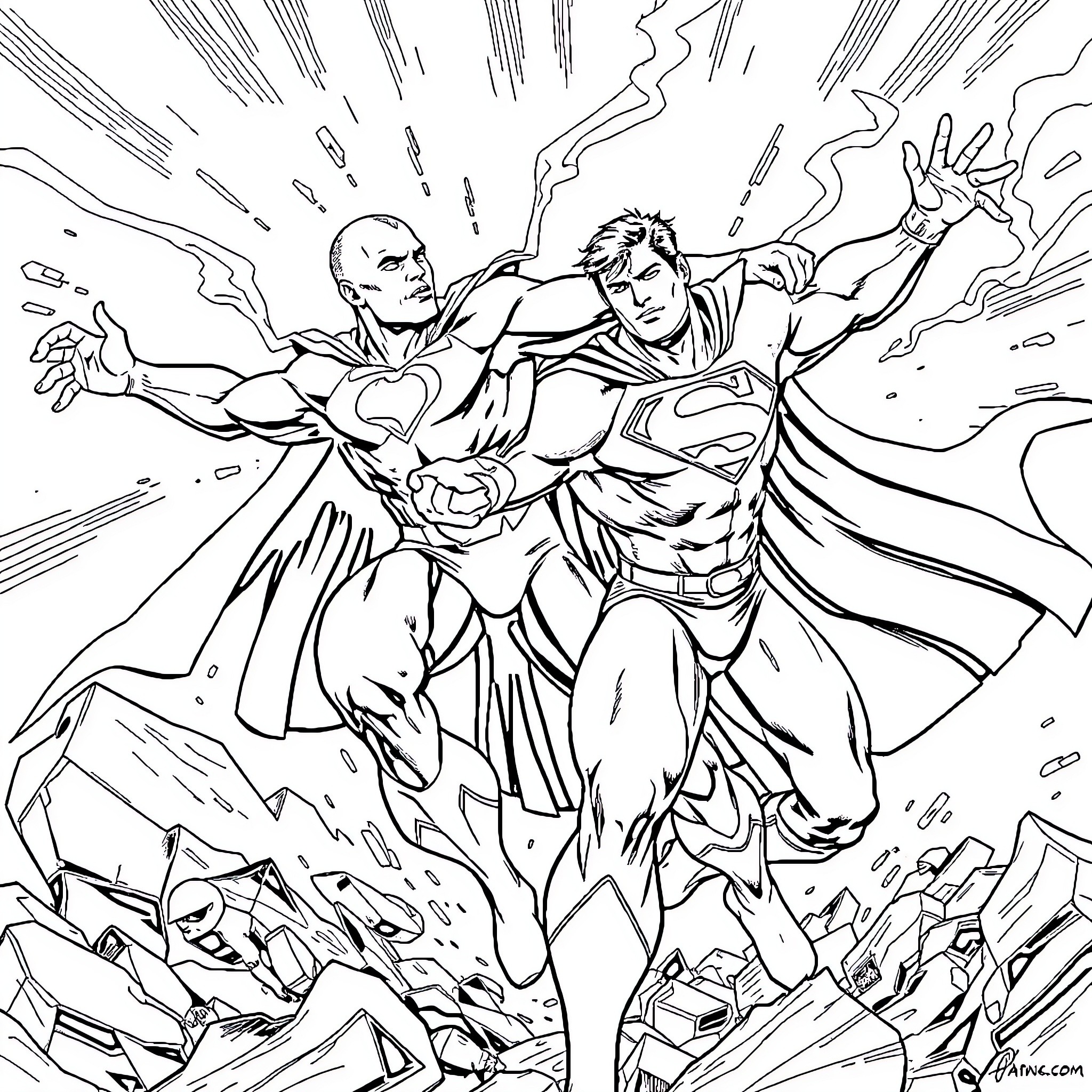 Superhero Characters Battling in Explosive Scene Coloring Page (free black-and-white line drawing printable PDF for all, from beginners to advanced learners, including children, teens, adults, and seniors)