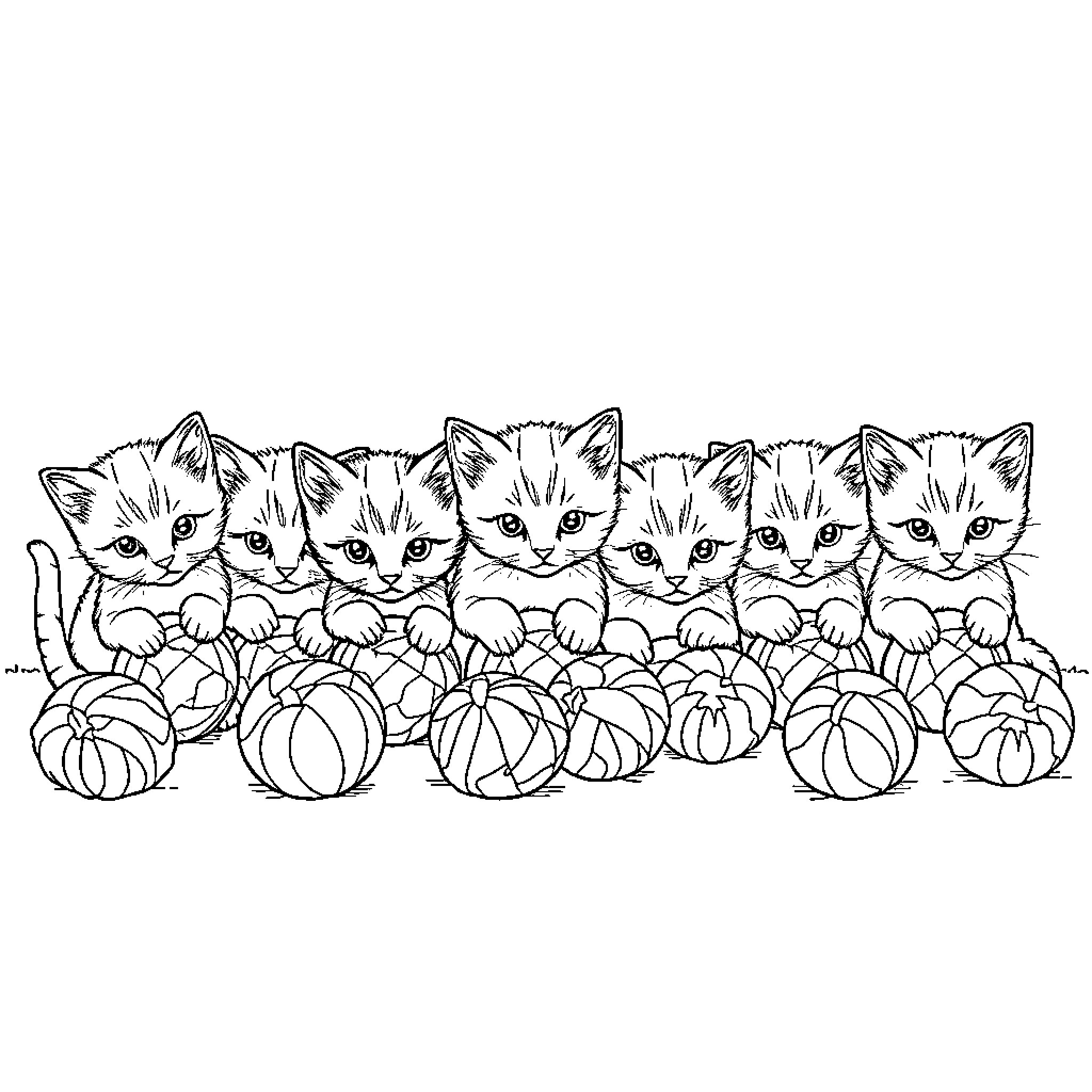 Kittens playing amidst pumpkins Coloring Page (free black-and-white line drawing printable PDF for all, from beginners to advanced learners, including children, teens, adults, and seniors)