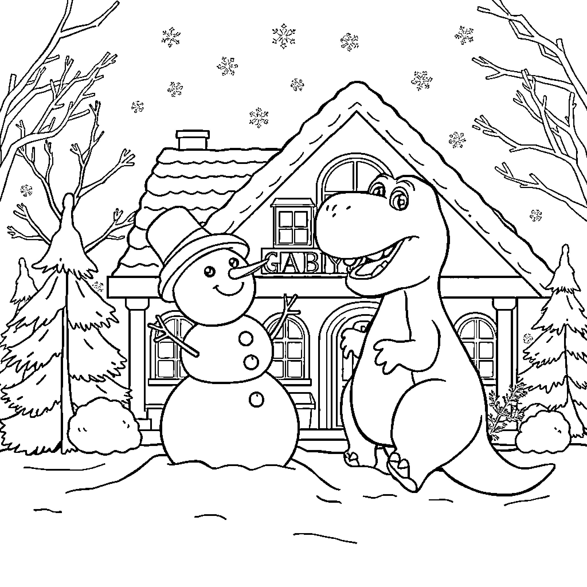 Gabby Dollhouse characters playing in the snowy winter scene Coloring Page (free black-and-white line drawing printable PDF for all, from beginners to advanced learners, including children, teens, adults, and seniors)