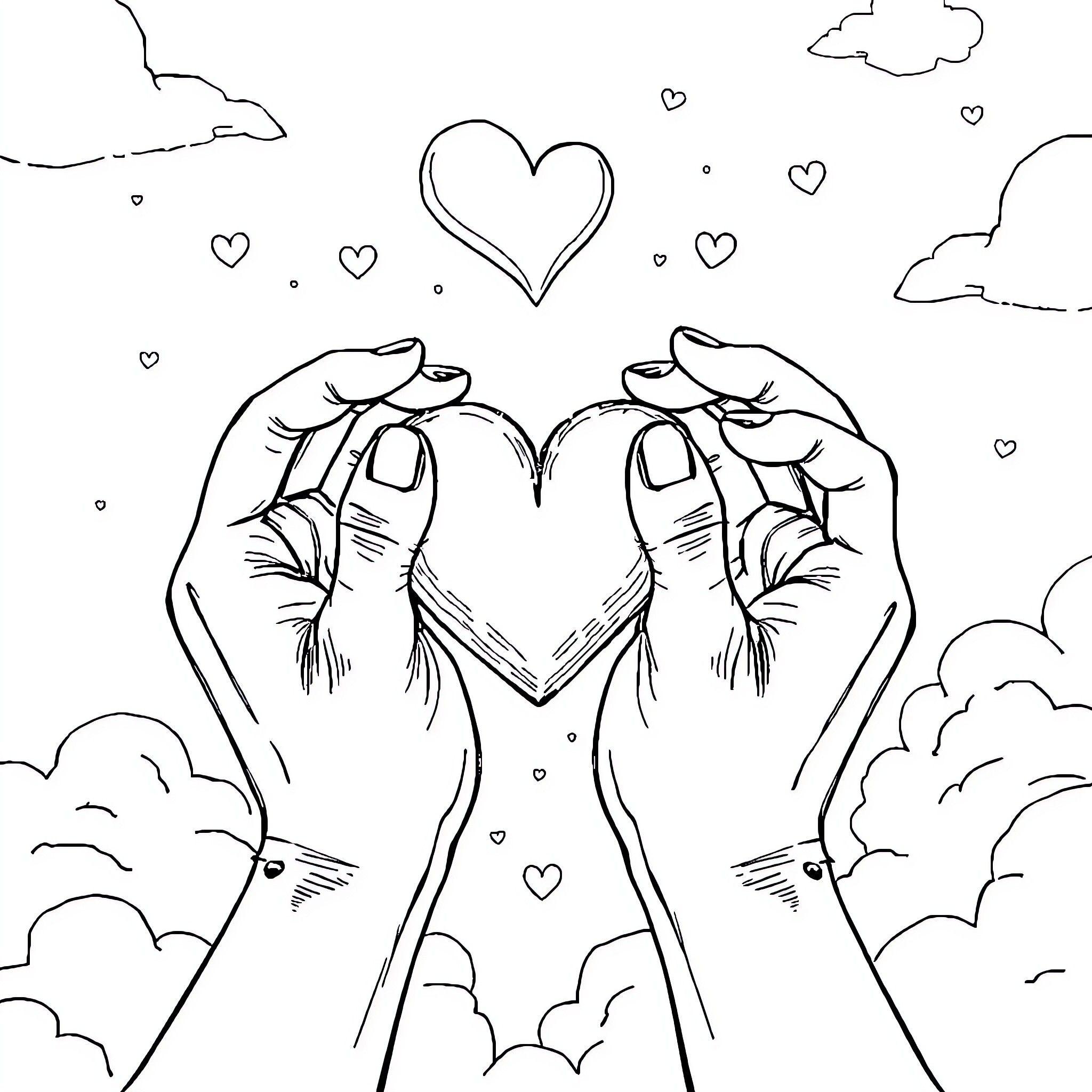 Skeleton Hand forming a heart shape with clouds Coloring Page (free black-and-white line drawing printable PDF for all, from beginners to advanced learners, including children, teens, adults, and seniors)