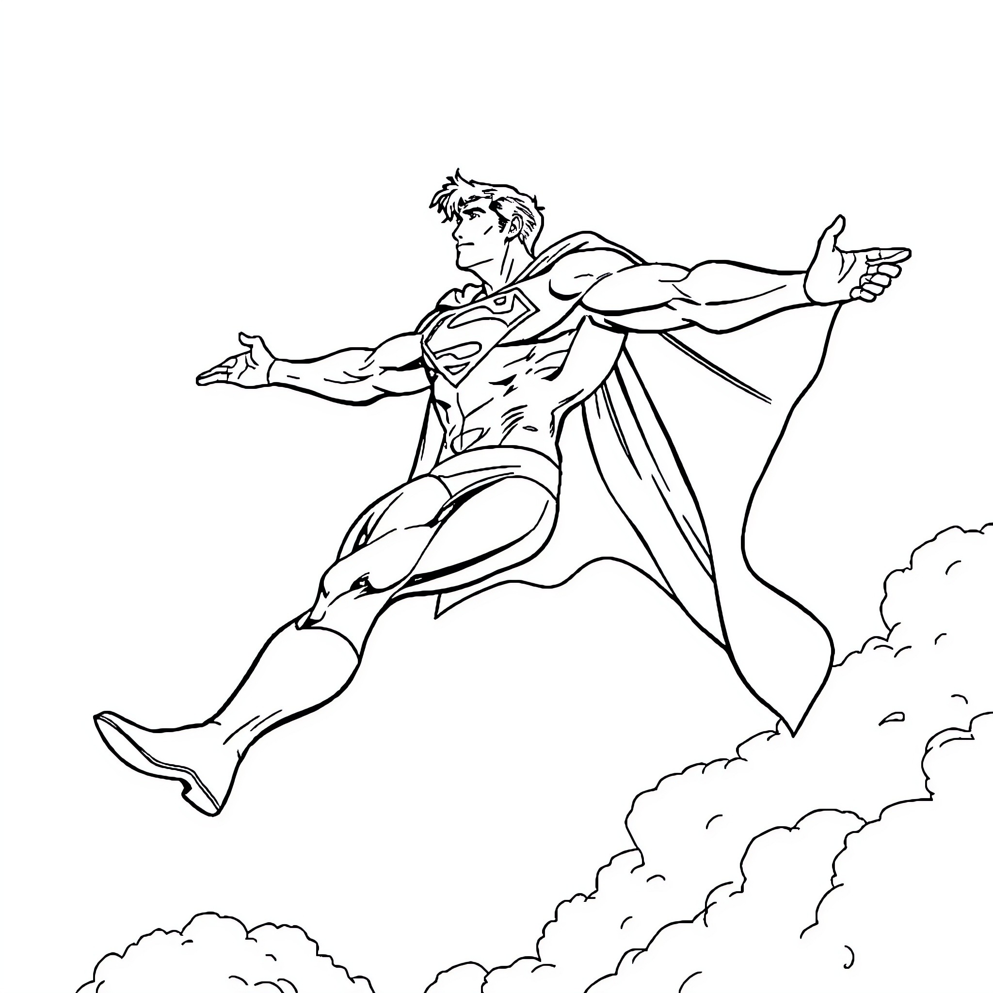 Superman soaring through the clouds Coloring Page (free black-and-white line drawing printable PDF for all, from beginners to advanced learners, including children, teens, adults, and seniors)
