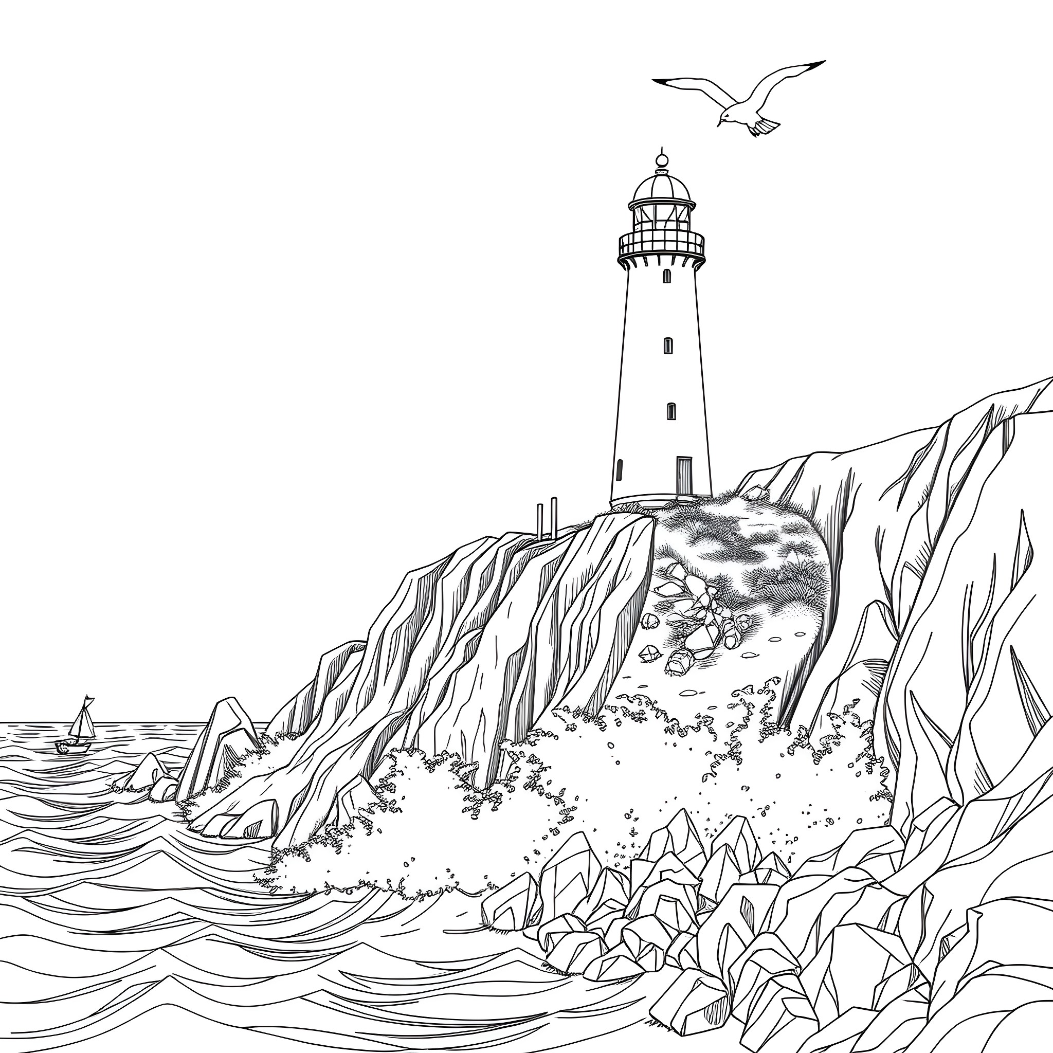 Lighthouse standing tall amid rugged coastal scenery Coloring Page (free black-and-white line drawing printable PDF for all, from beginners to advanced learners, including children, teens, adults, and seniors)