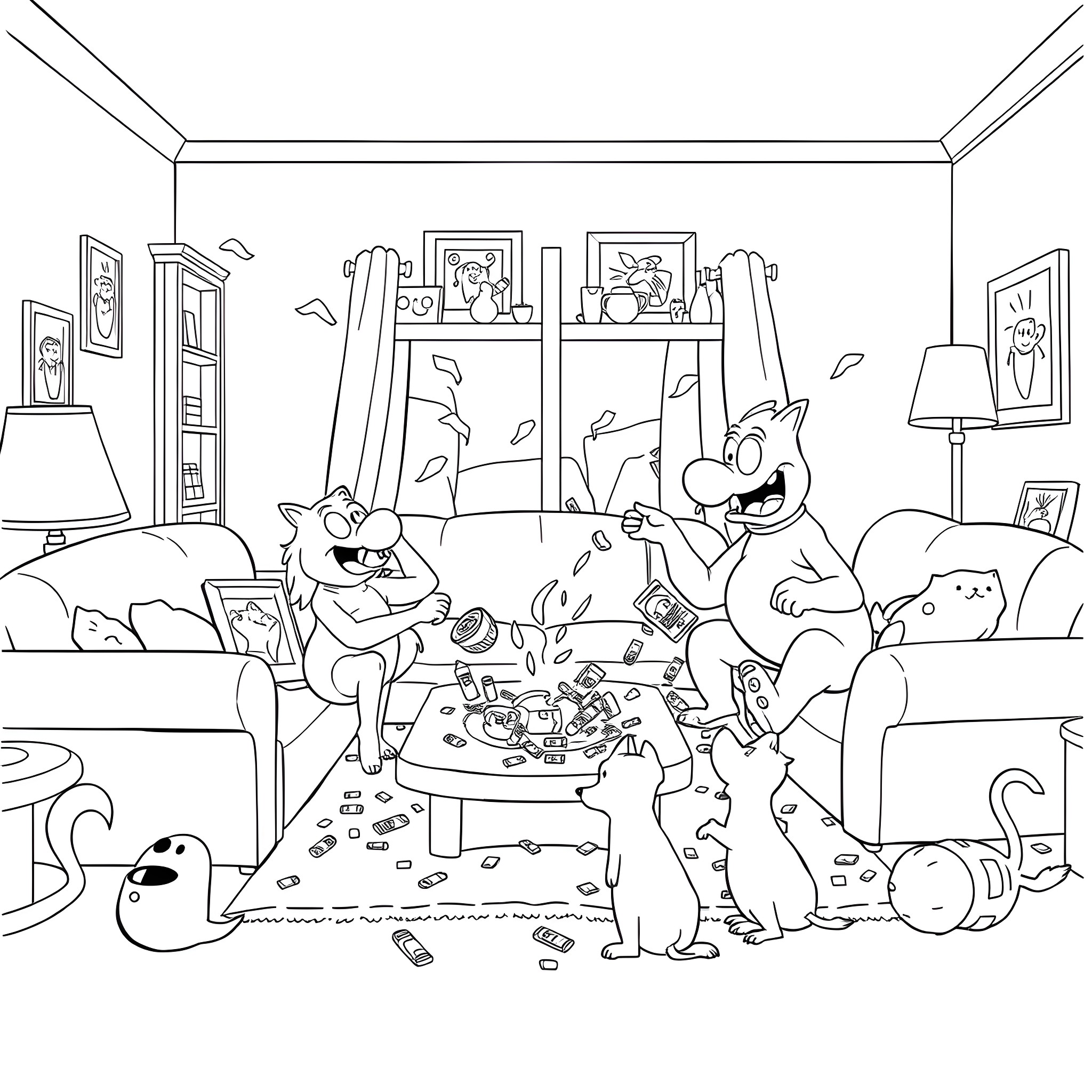 Family Guy Chaos in the Living Room Coloring Page (free black-and-white line drawing printable PDF for all, from beginners to advanced learners, including children, teens, adults, and seniors)