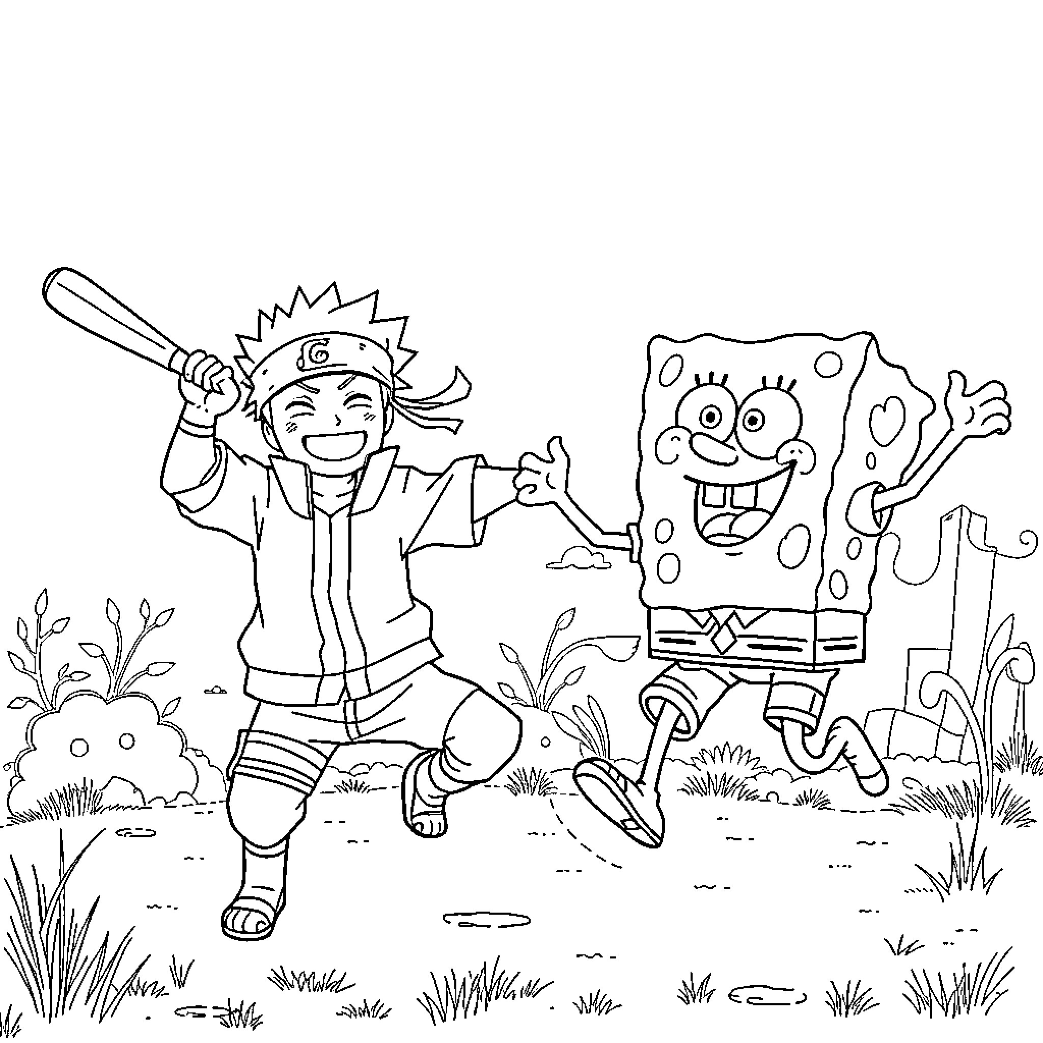 Naruto and Spongebob having an adventure in the outdoors Coloring Page (free black-and-white line drawing printable PDF for all, from beginners to advanced learners, including children, teens, adults, and seniors)