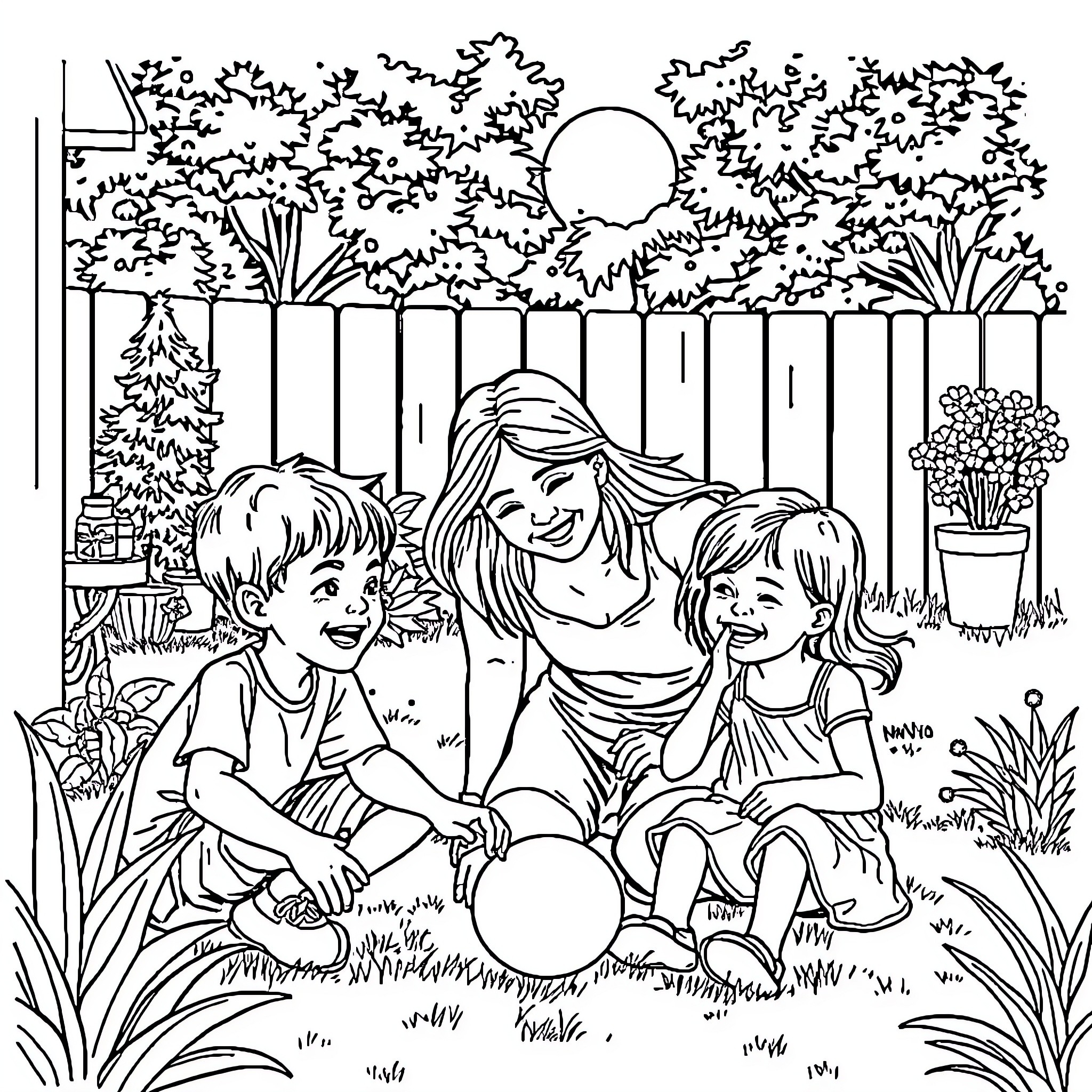 Mom and kids playing together in the backyard Coloring Page (free black-and-white line drawing printable PDF for all, from beginners to advanced learners, including children, teens, adults, and seniors)