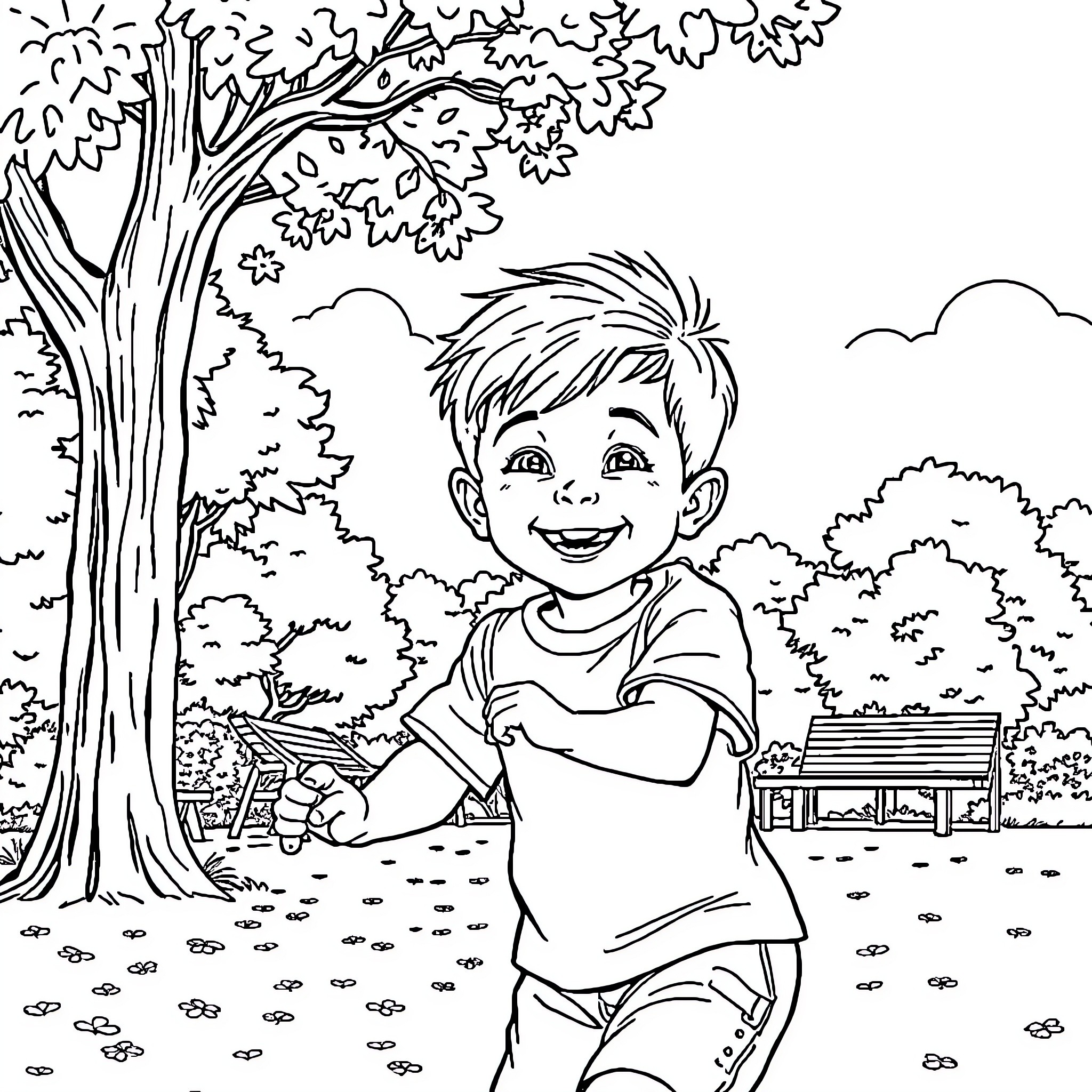 Boy playing happily in the park Coloring Page (free black-and-white line drawing printable PDF for all, from beginners to advanced learners, including children, teens, adults, and seniors)