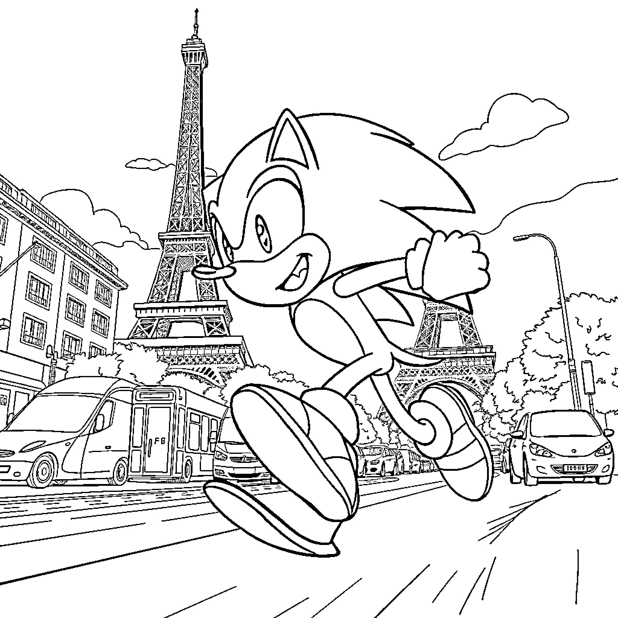 Sonic's Adventurous Journey Through Paris Coloring Page (free black-and-white line drawing printable PDF for all, from beginners to advanced learners, including children, teens, adults, and seniors)