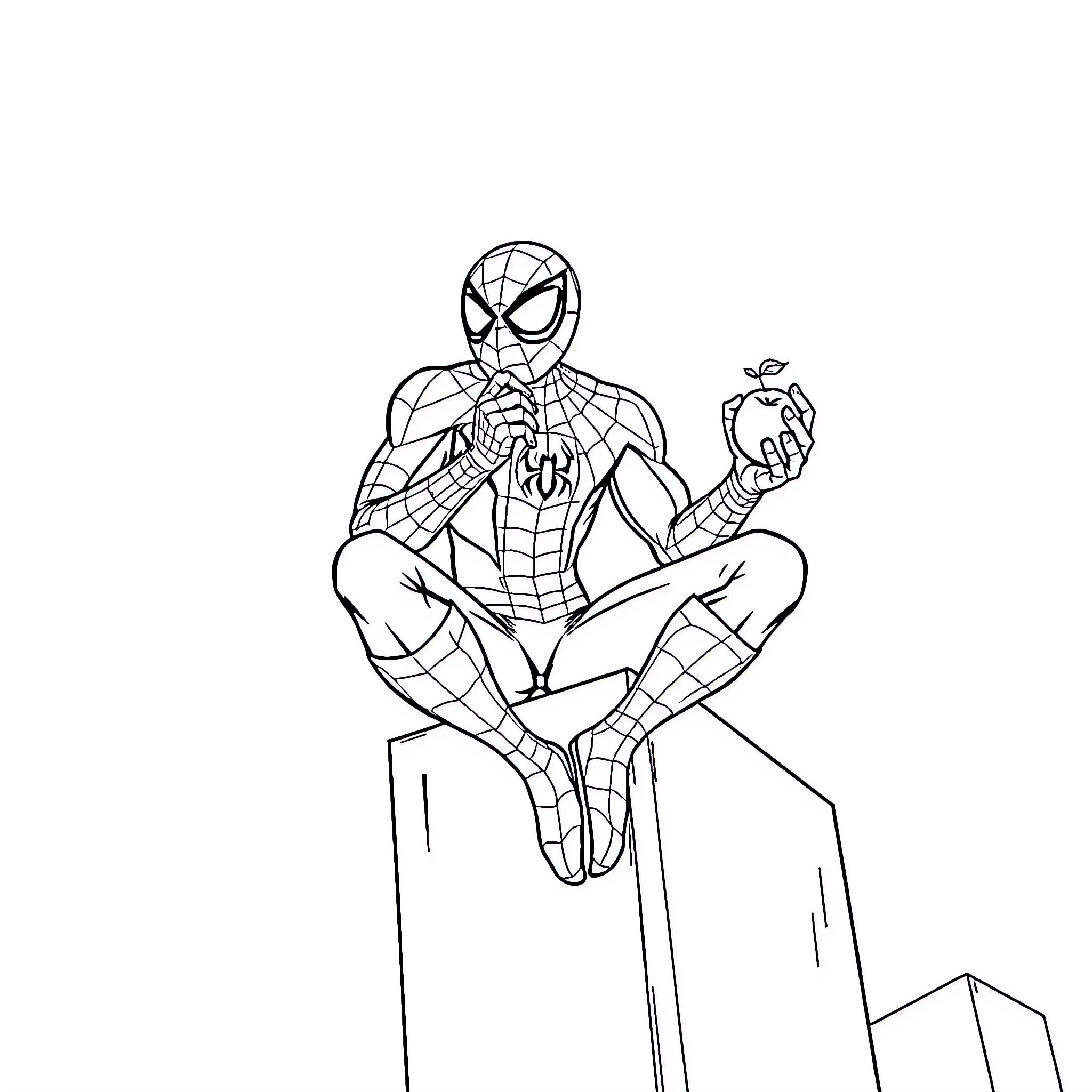Spiderman poses heroically on a rooftop Coloring Page (free black-and-white line drawing printable PDF for all, from beginners to advanced learners, including children, teens, adults, and seniors)