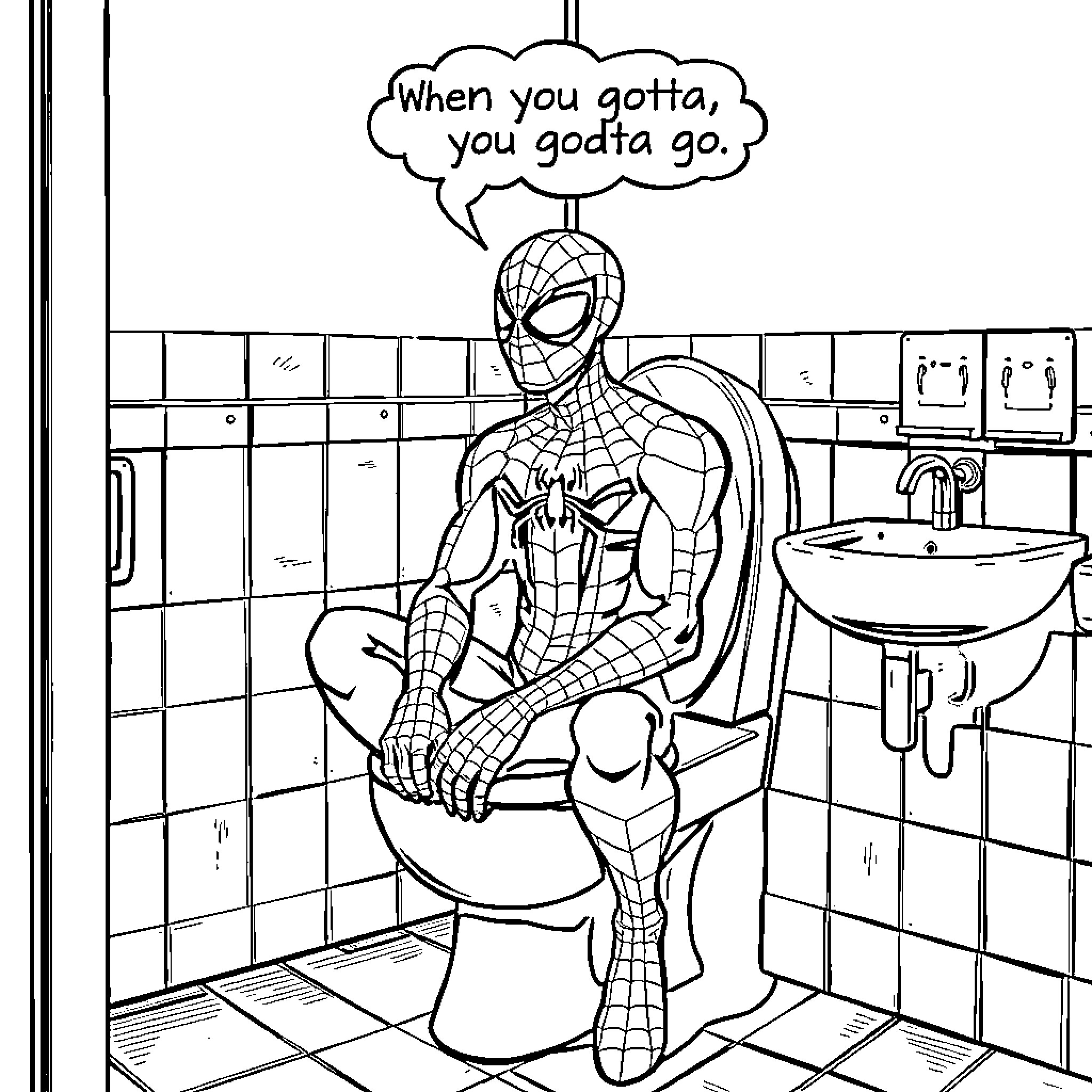 Spiderman in a bathroom, quipping while sitting on the toilet Coloring Page (free black-and-white line drawing printable PDF for all, from beginners to advanced learners, including children, teens, adults, and seniors)