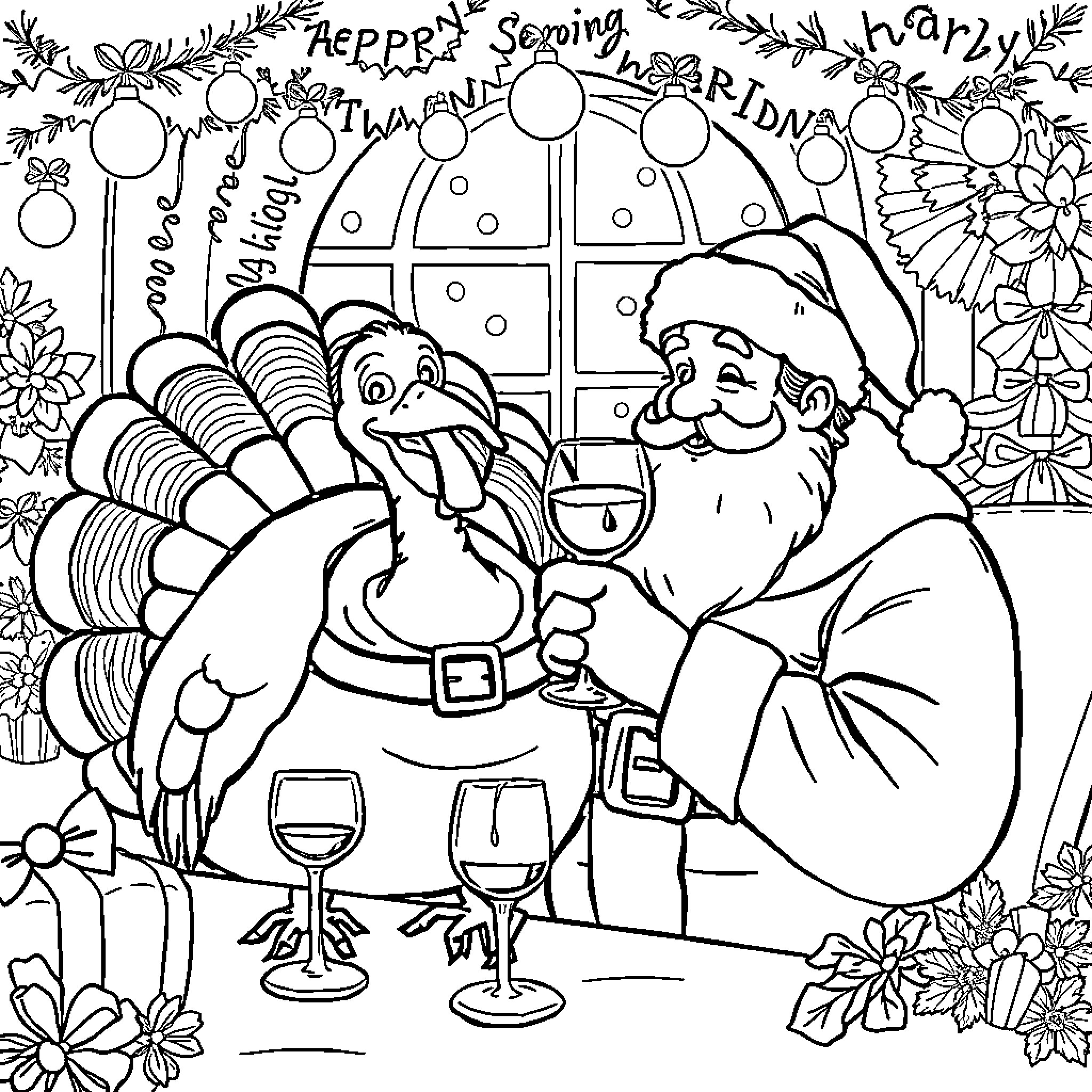 Turkey Sharing Happy Serving and Dining Celebration Coloring Page (free black-and-white line drawing printable PDF for all, from beginners to advanced learners, including children, teens, adults, and seniors)