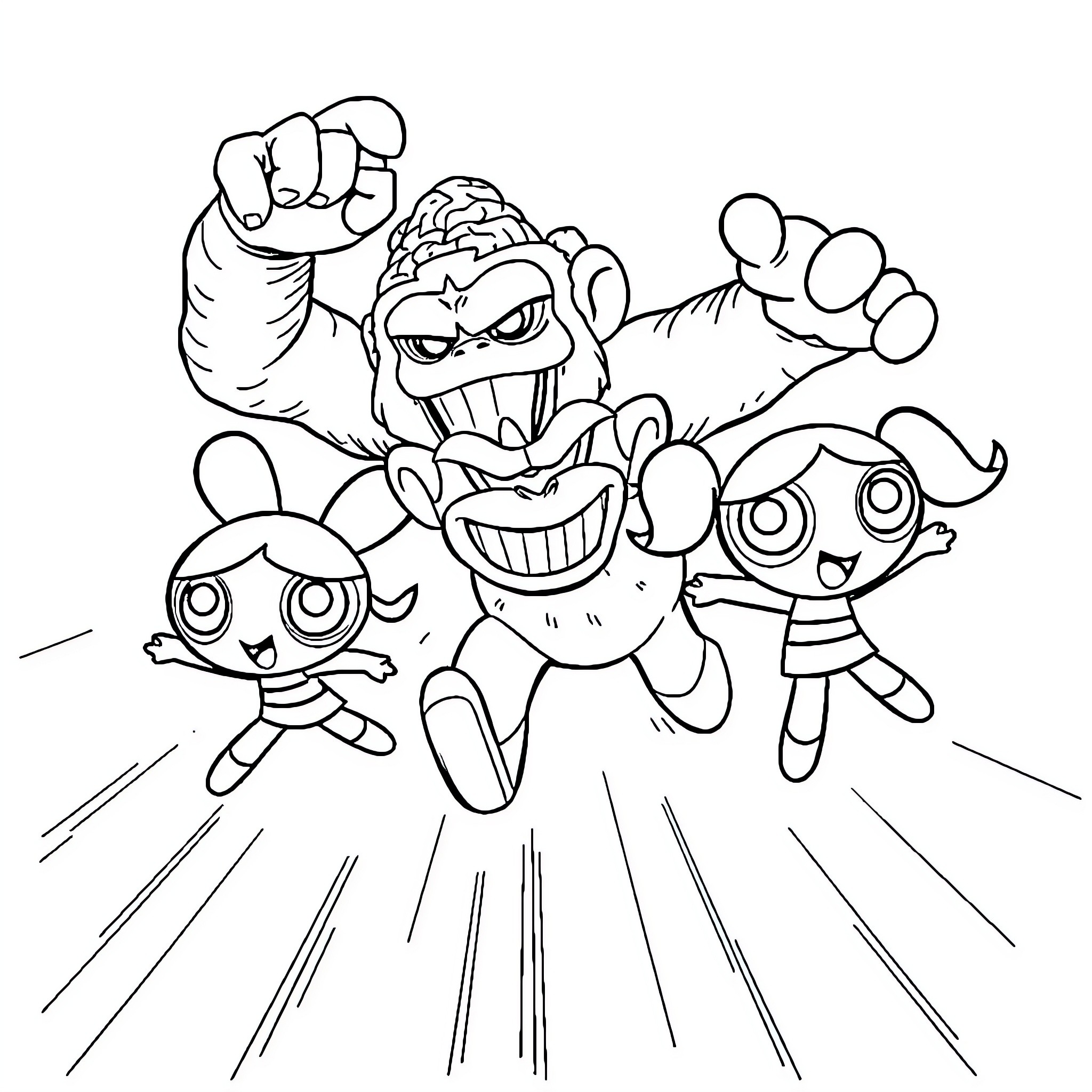 Powerpuff Girls in dynamic action poses Coloring Page (free black-and-white line drawing printable PDF for all, from beginners to advanced learners, including children, teens, adults, and seniors)