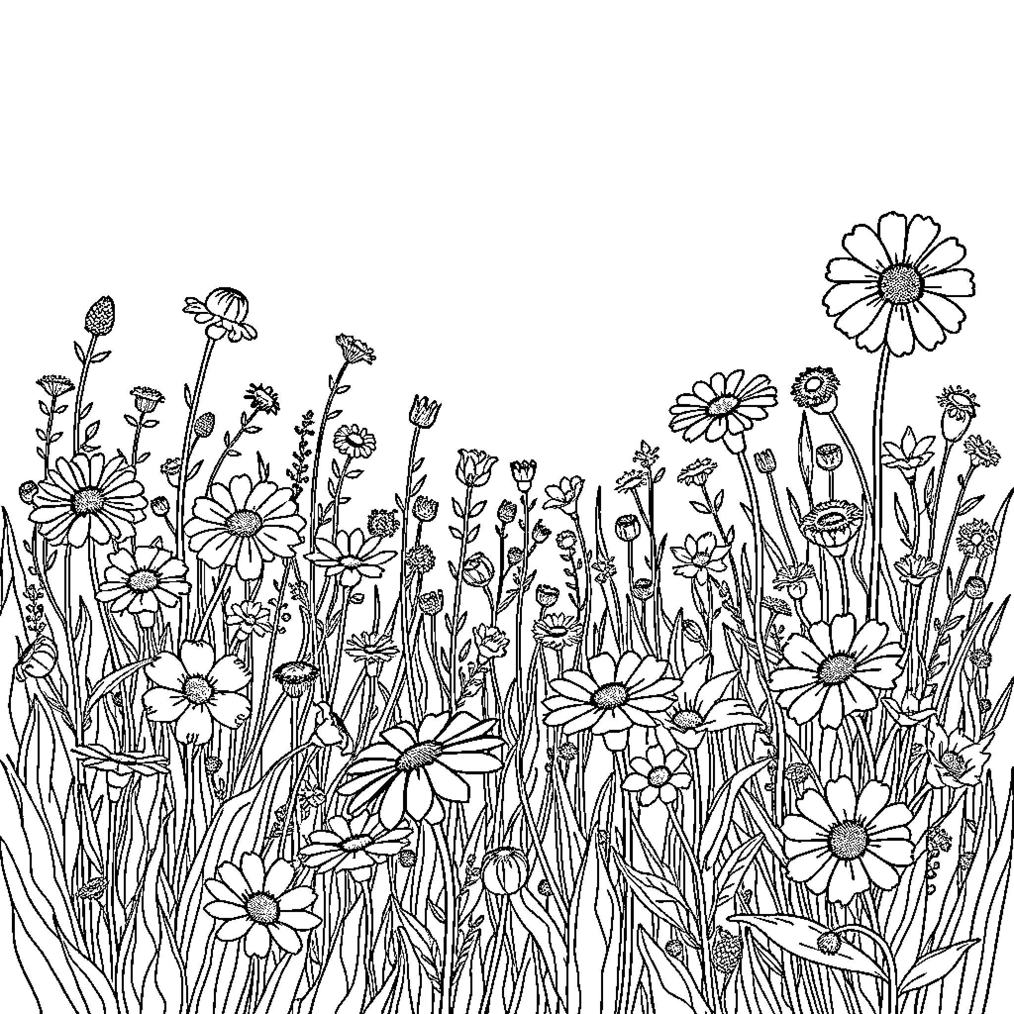 Wildflower Garden with Blooming Flowers Coloring Page (free black-and-white line drawing printable PDF for all, from beginners to advanced learners, including children, teens, adults, and seniors)