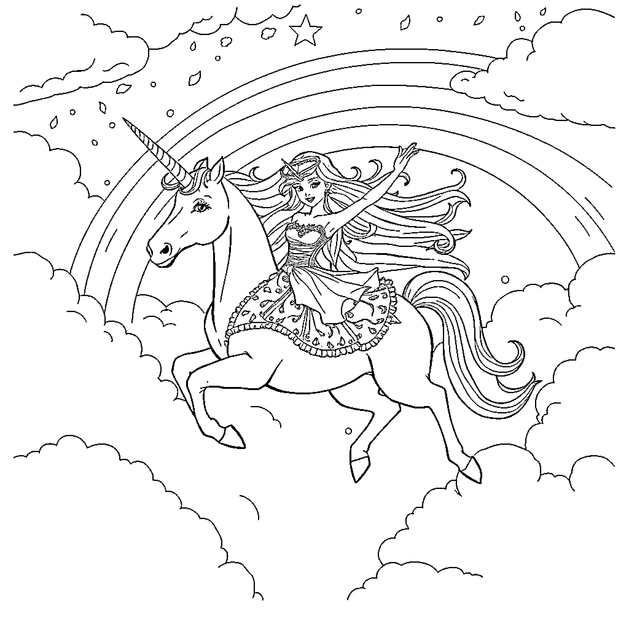 Princess riding a Unicorn in the starry sky Coloring Page (free black-and-white line drawing printable PDF for all, from beginners to advanced learners, including children, teens, adults, and seniors)