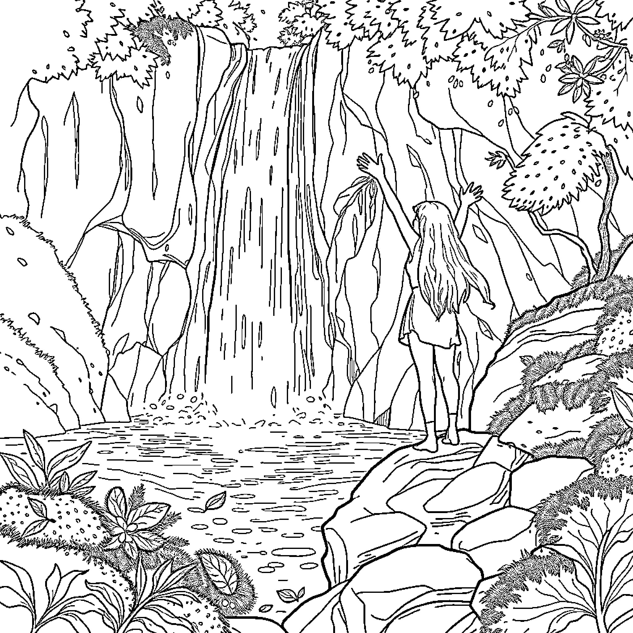 Waterfall in a lush, tropical landscape Coloring Page (free black-and-white line drawing printable PDF for all, from beginners to advanced learners, including children, teens, adults, and seniors)