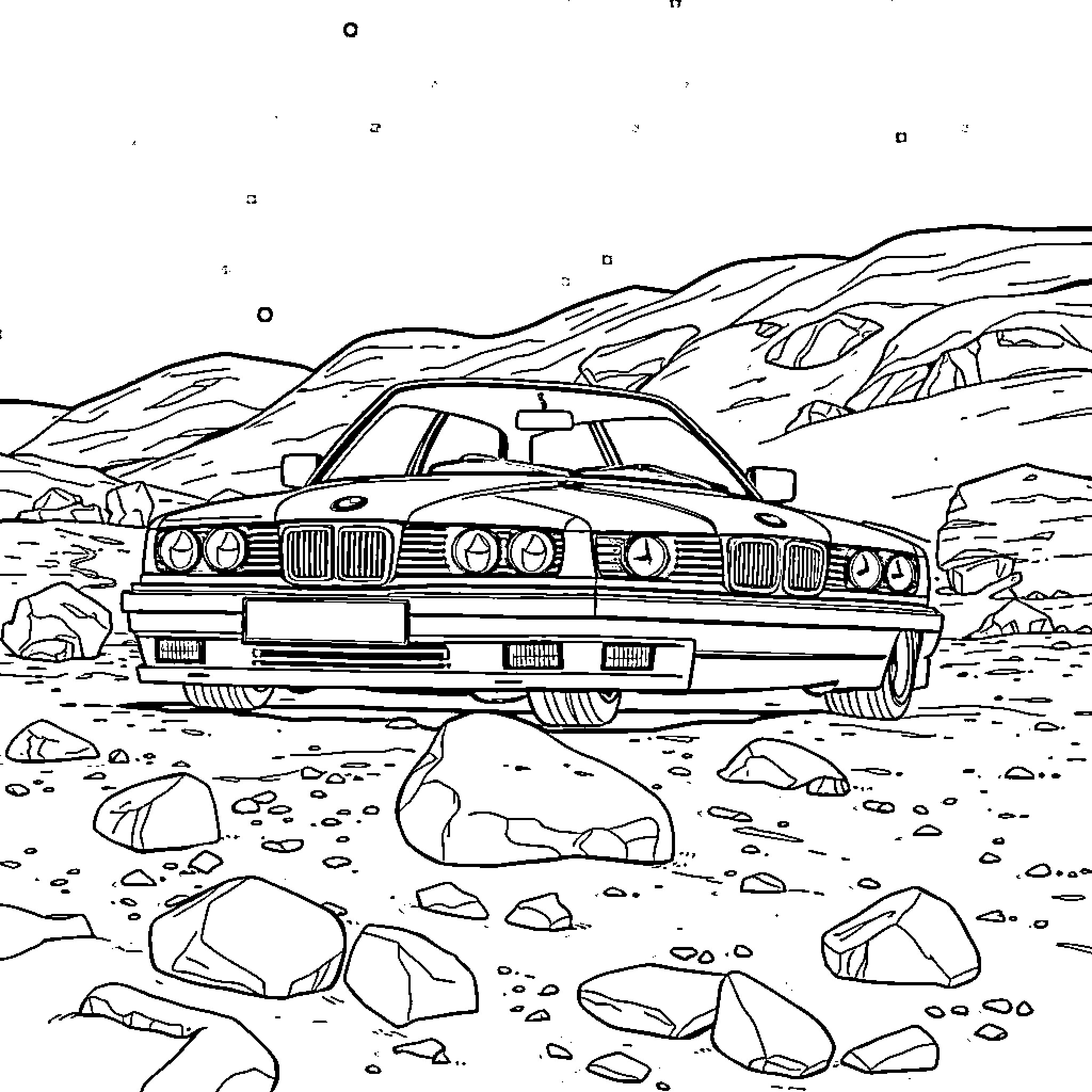 BMW classic car in rugged mountain landscape Coloring Page (free black-and-white line drawing printable PDF for all, from beginners to advanced learners, including children, teens, adults, and seniors)
