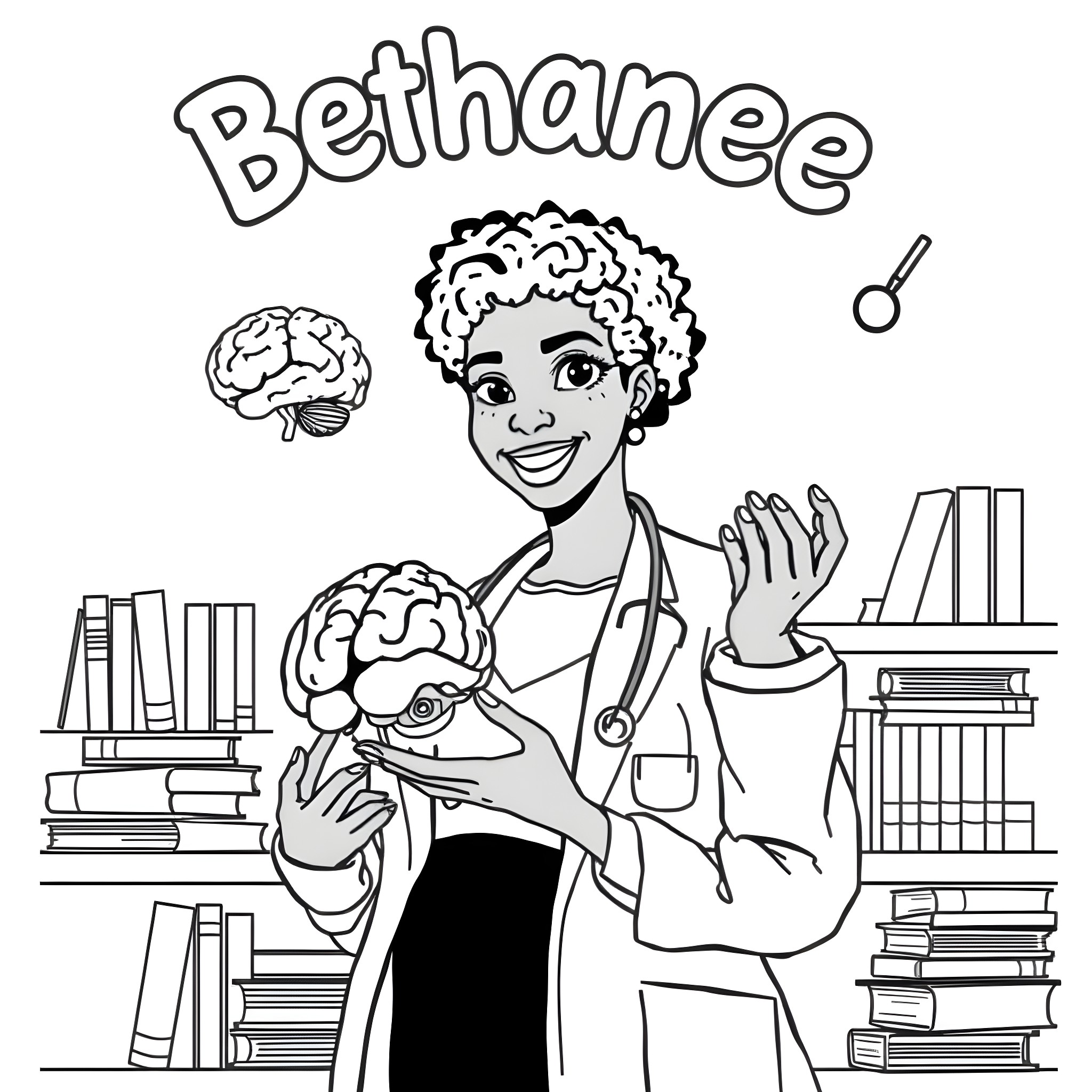 Bethanee the Curious Scientist Holding Brain Models Coloring Page (free black-and-white line drawing printable PDF for all, from beginners to advanced learners, including children, teens, adults, and seniors)